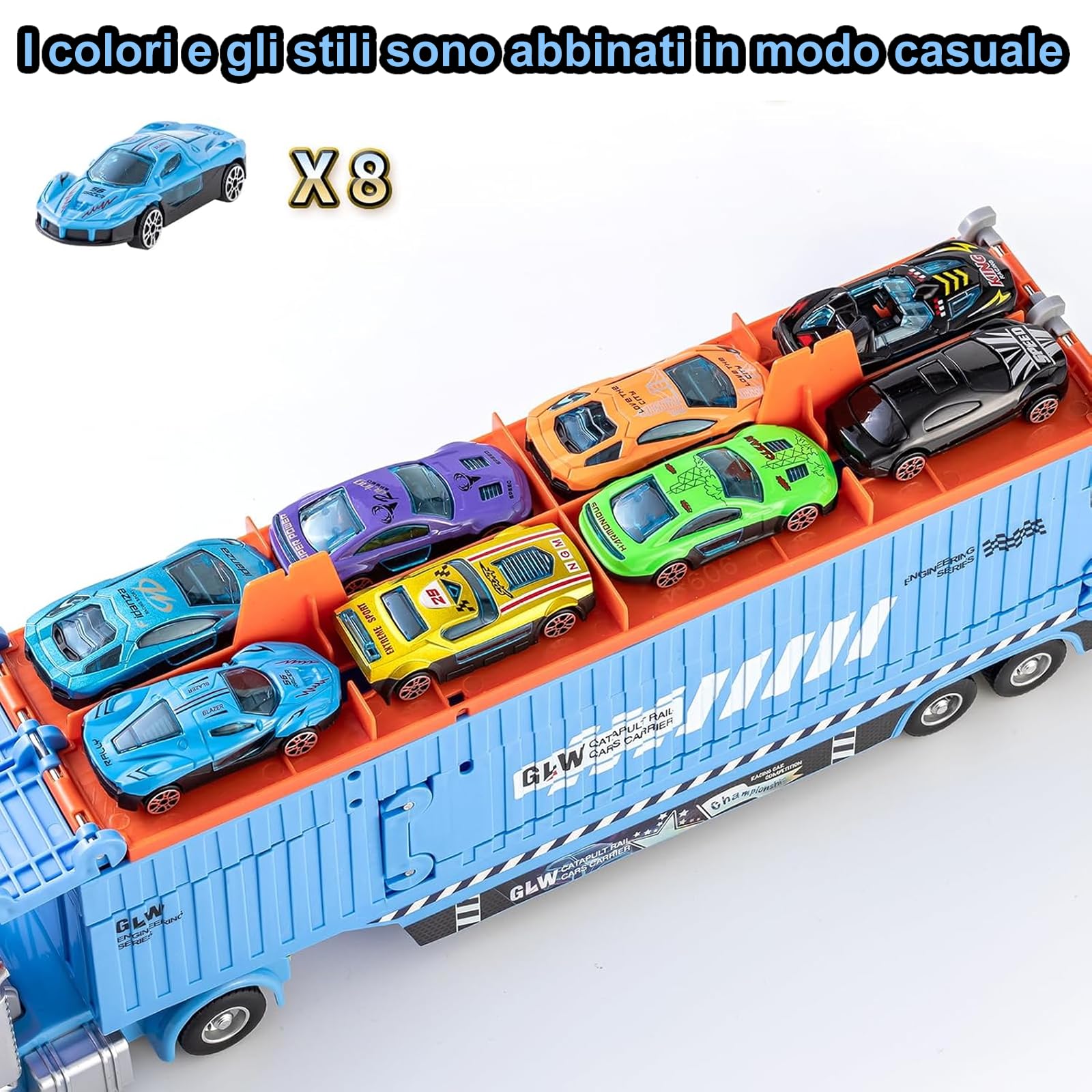 Camion Giocattolo per bambini, 201cm Pista da Trasporto Pieghevole Auto Eiettabile e 8 Auto da Corsa in Metallo, camion Porta Macchinine con Luci e Suoni, Regali per Bambini di 3 4 5 6+ Anni