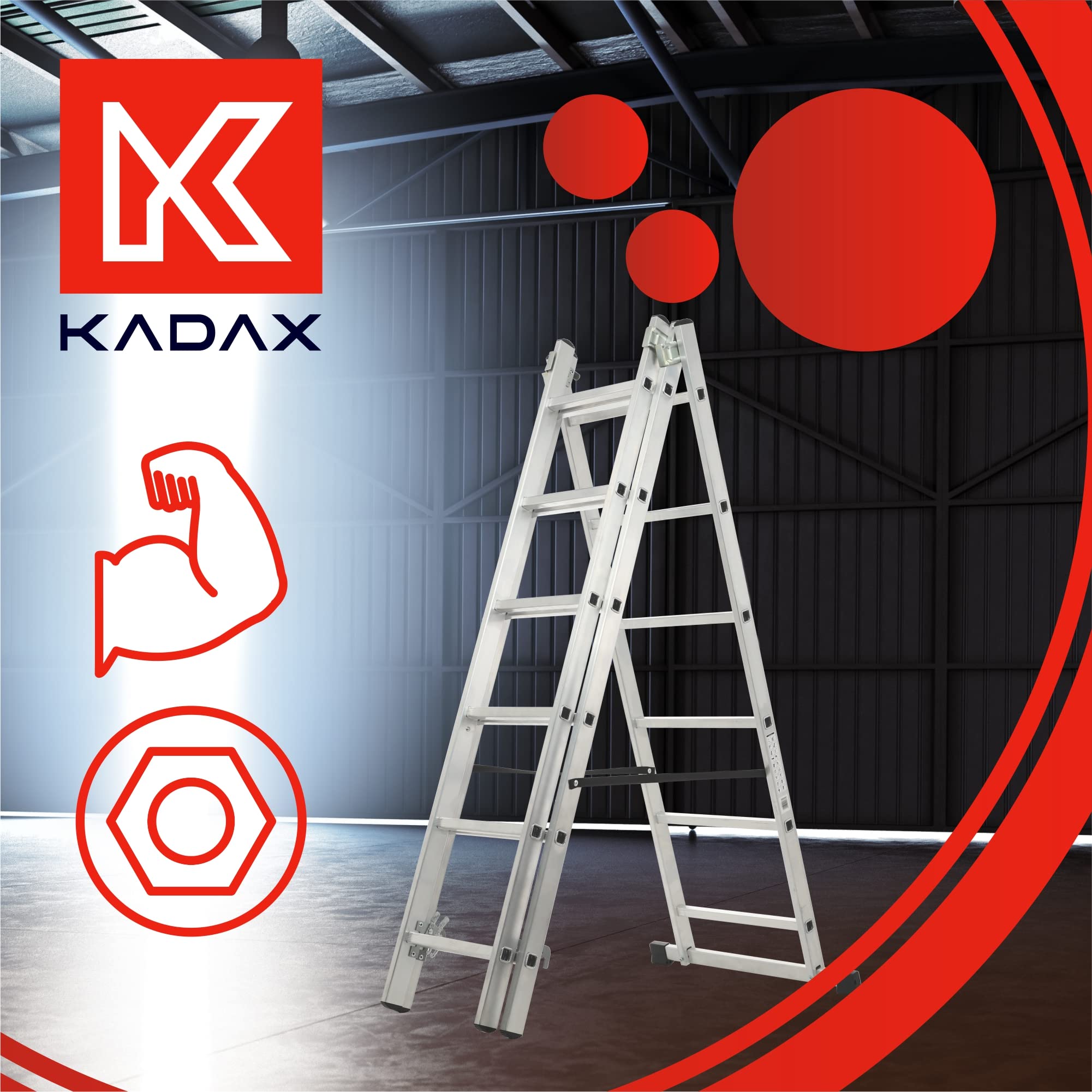 KADAX Échelle Transformable de 3 Plans, Échelle Coulissante en Aluminium, Échelle Double pour Travaux Domestiques et Professionnels (6 Marches)