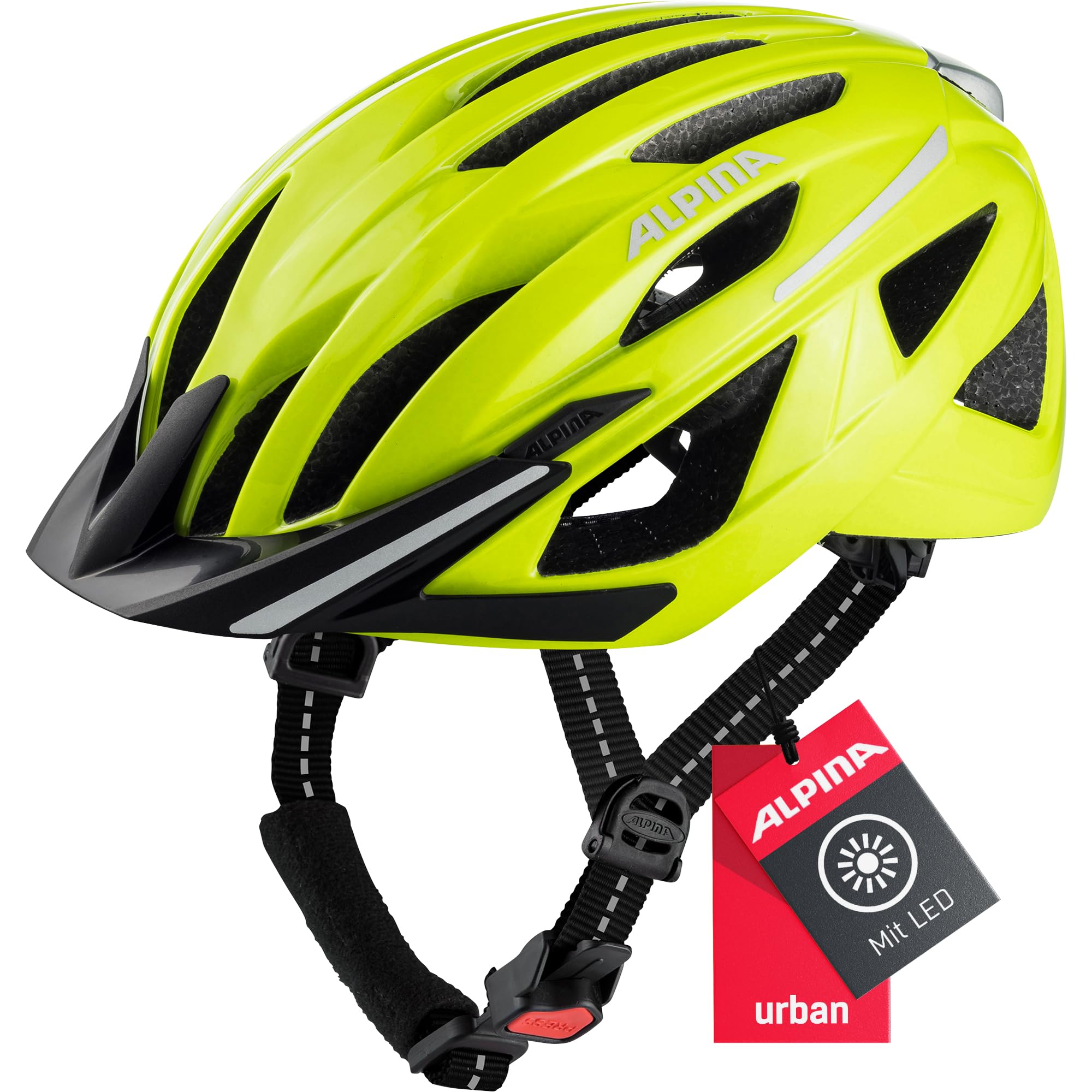 ALPINA HAGA - Stoßabsorbierender, Sicherer & Optimal Anpassbarer Urban Fahrradhelm Mit Integriertem LED-Licht Für Erwachsene, be Visible, M (51-56 cm)