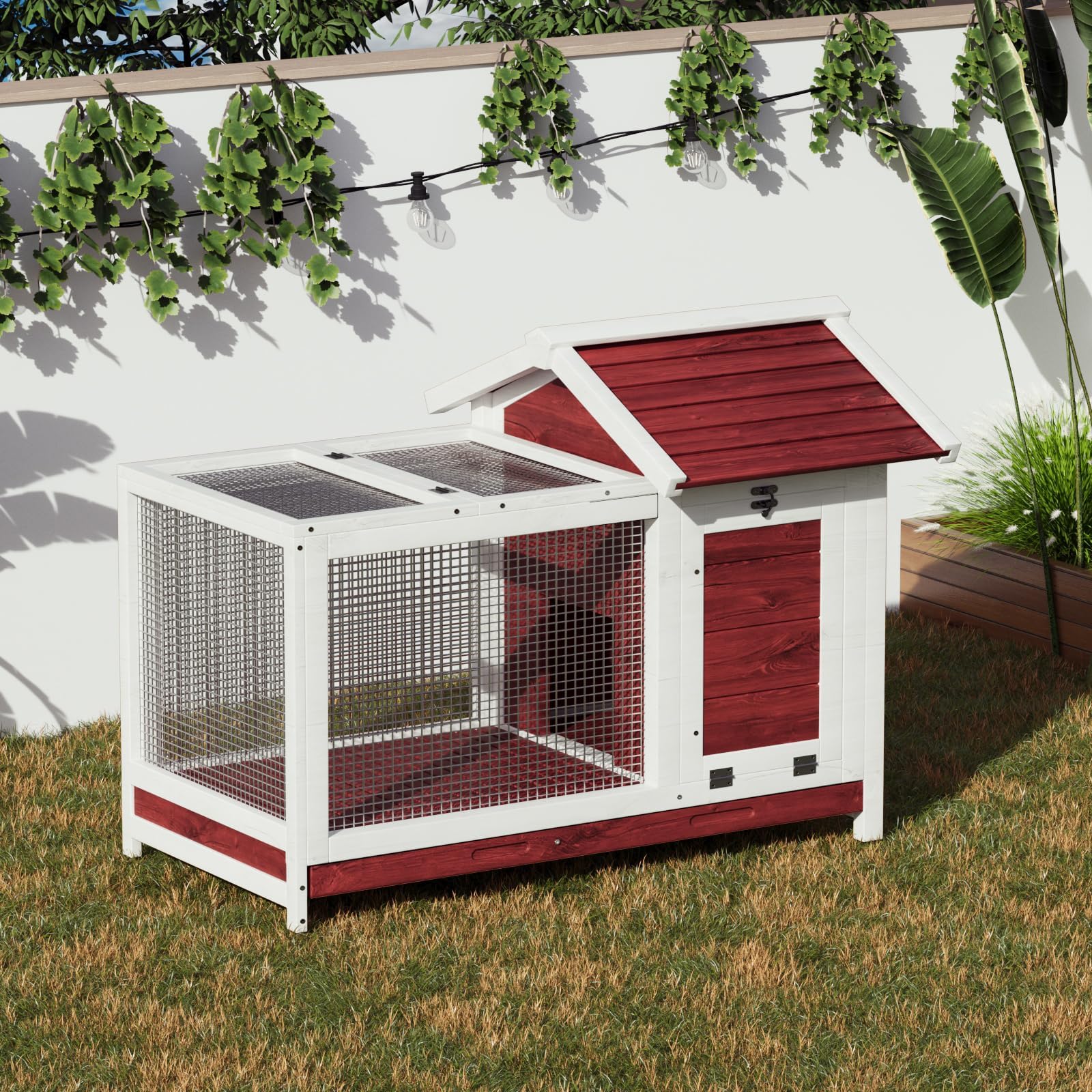 Gabbia per piccoli animali in legno – 2 piani resistente alle intemperie – Tetto impermeabile – Vassoio estraibile – Rete musicale rimovibile – Rampe anti-morso – Per conigli, galline,