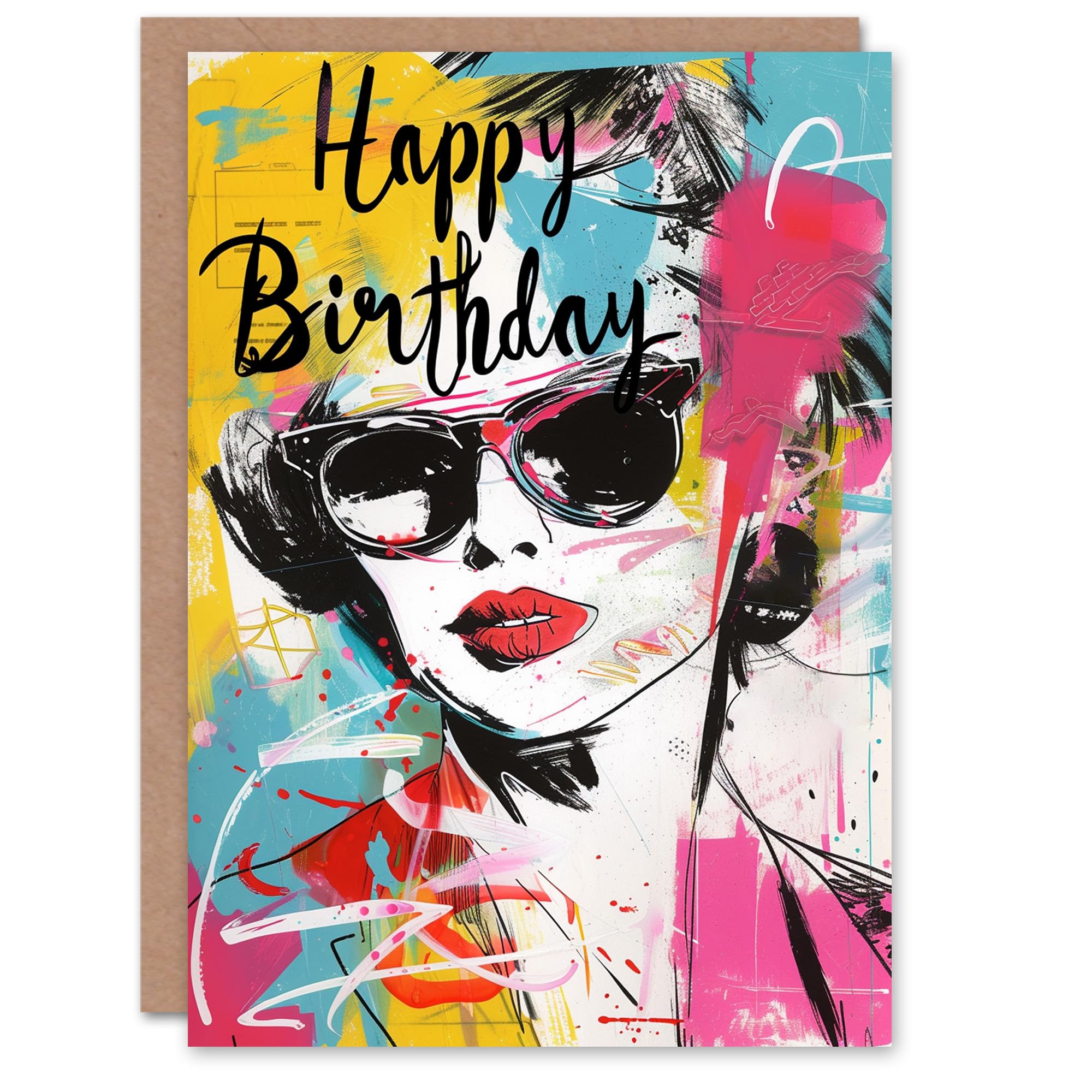 Artery8 Birthday Card Lipstick Sunglasses Fashion Portrait For Her Gran Sister Niece Daughter Wife Woman Greeting Card