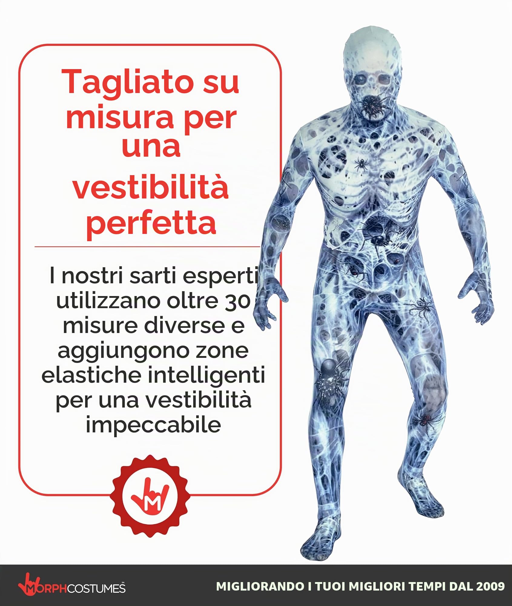 Morphsuit, costume da mostro, motivo: teschio e ossa