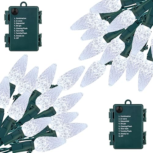 C6 - Guirnalda de luces LED de Navidad, paquete de 2 tiras de luces de fresa de 20 pies con 60 luces LED con temporizador y 8 modos de luz para