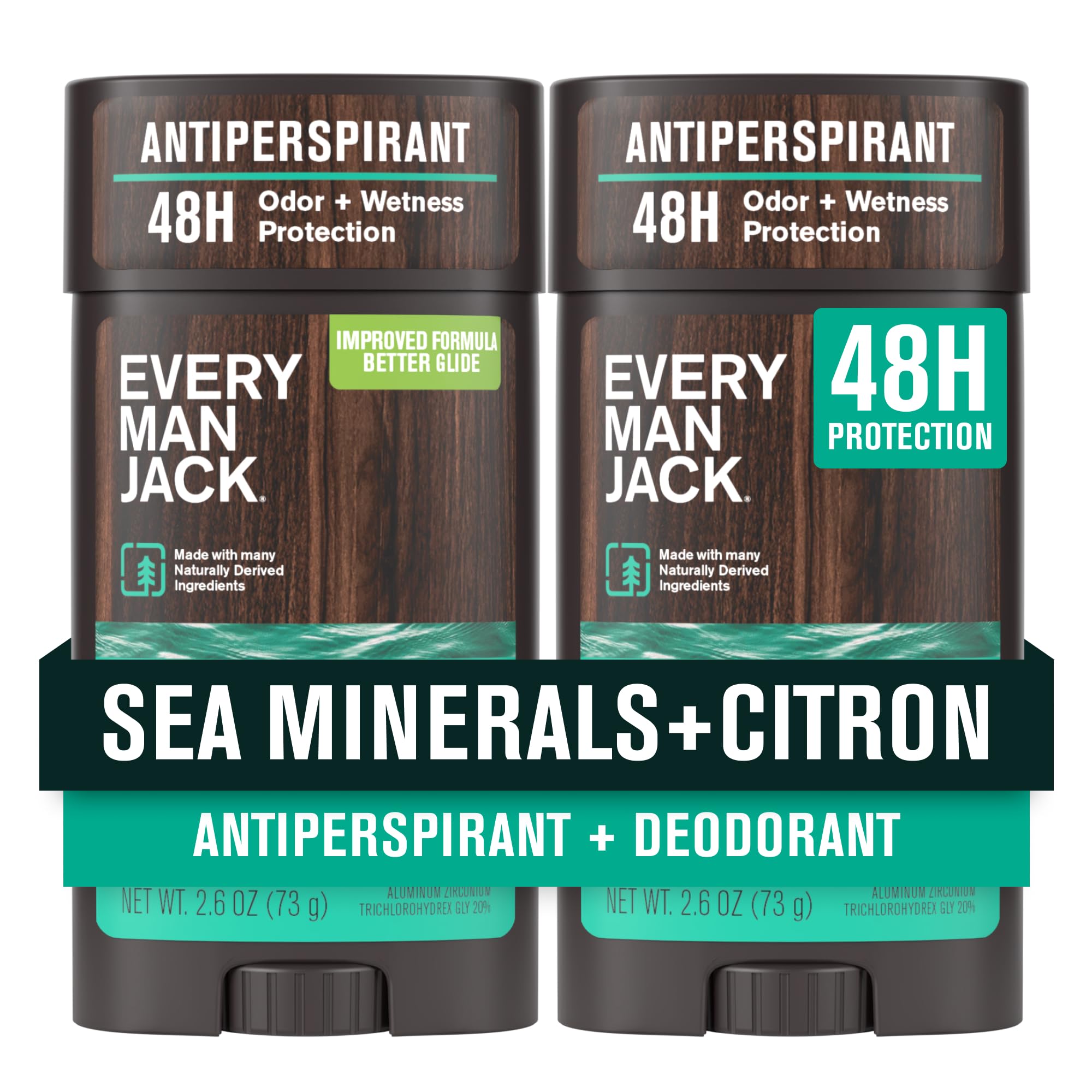 Every Man Jack Men’s Sea Minerals + Citron Antiperspirant Deodorant – New & Improved Formula – 48-Hour Odor & Sweat Defense– 2.6 oz (2 Pack)