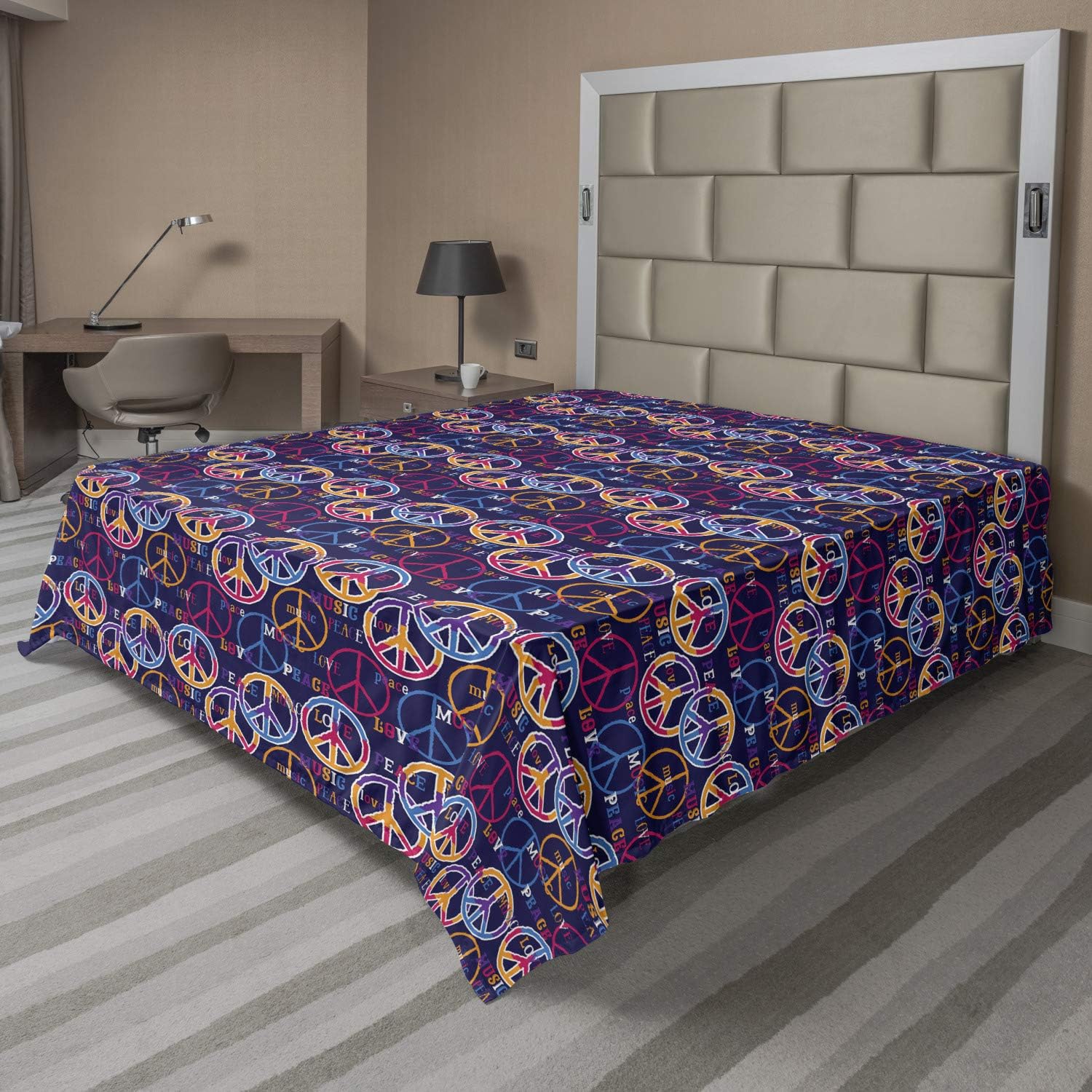 Ambesonne Hipster Flat Sheet, Colorful Love Music Typography with Retro Concept Peace Sign, Soft and Comfortable Top Sheet Decorative Bedding 1 Piece, Full Size, Multicolor
