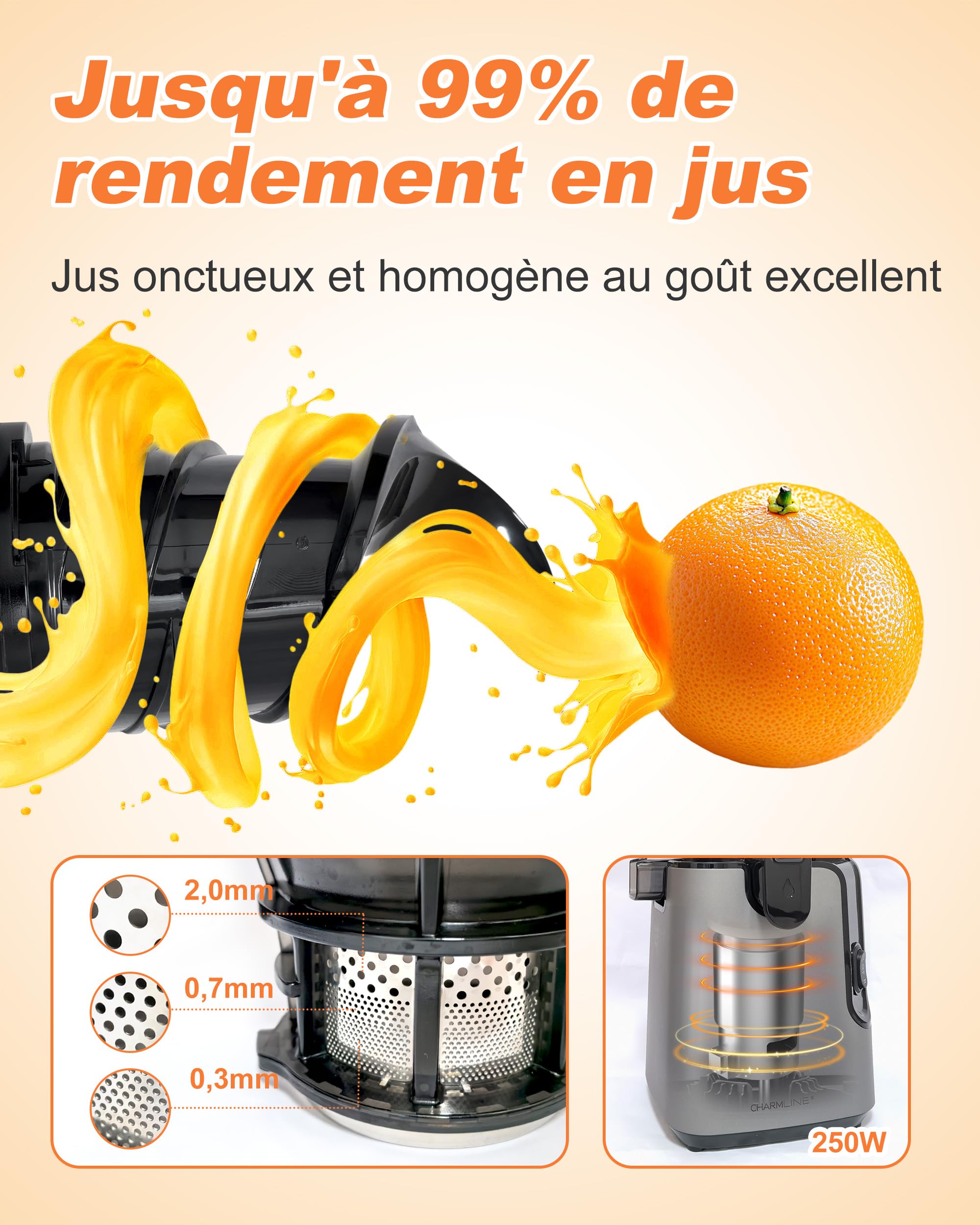 Charmline Extracteur de Jus de Fruits et Légumes avec Goulotte d'Alimentation de 130mm, Facile à nettoyer, Grande capacité de 1,8 L