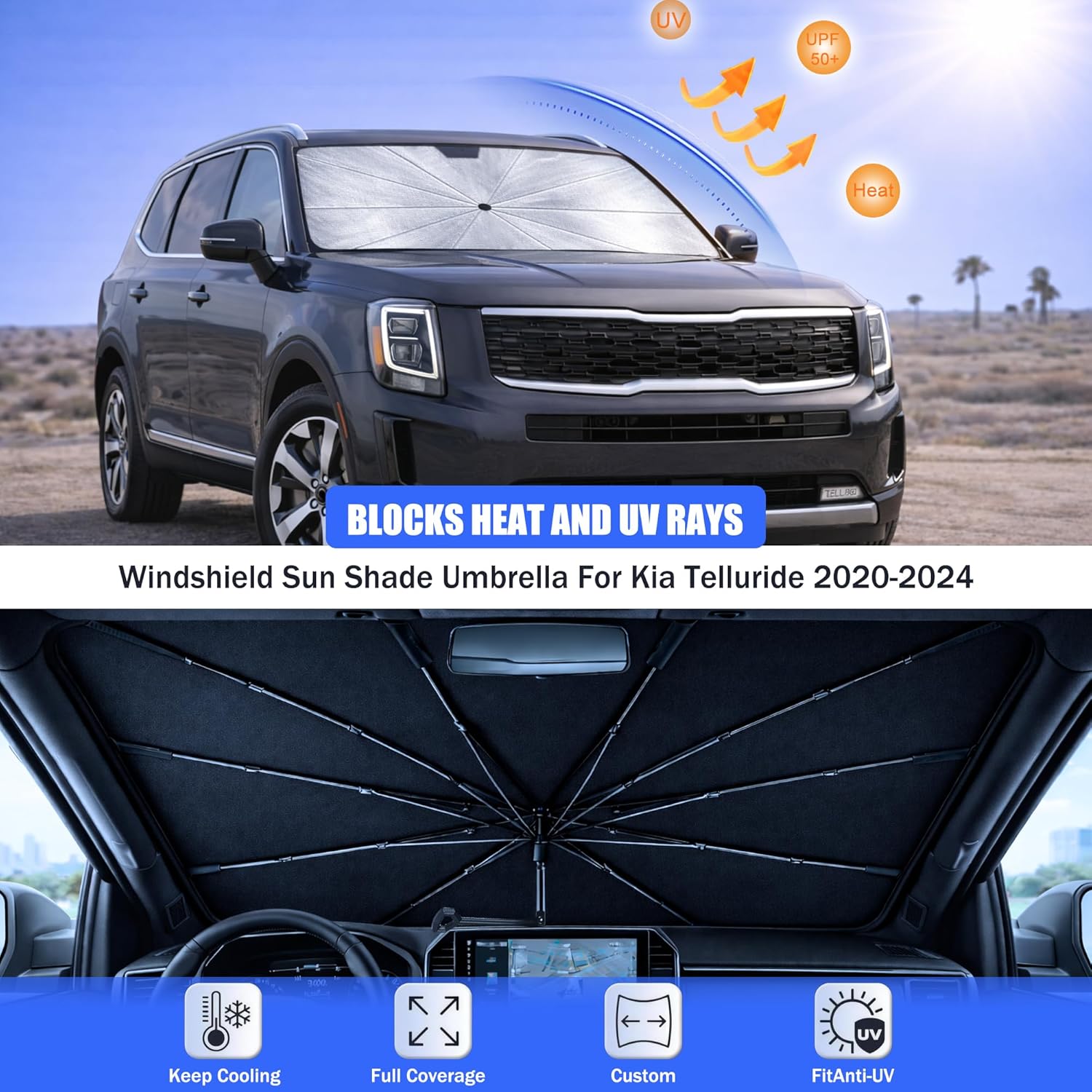 2026 Upgraded Car Windshield Sun Shade Umbrella - Custom-Fit for Kia Telluride 2020-2024 Umbrella Sunshade,Easy Install,UV Protection & Heat Reflective,Keep Interior Cooler with Storage Bag