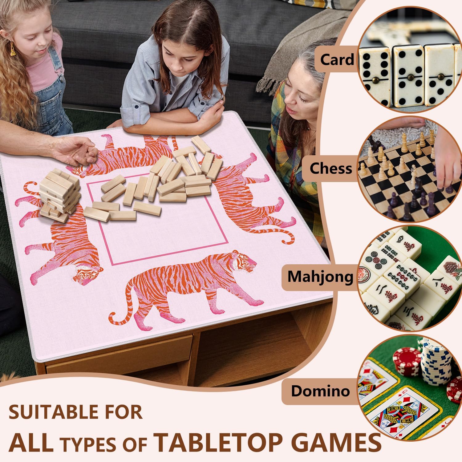 Funky Hot Pink and Orange Tiger Mahjong Mat 31.5"x31.5", Preppy Pink Aesthetic Tiger Non-Slip Noise Reduction Gaming Mat for American Mahjong Poker Card Board Games Dominoes