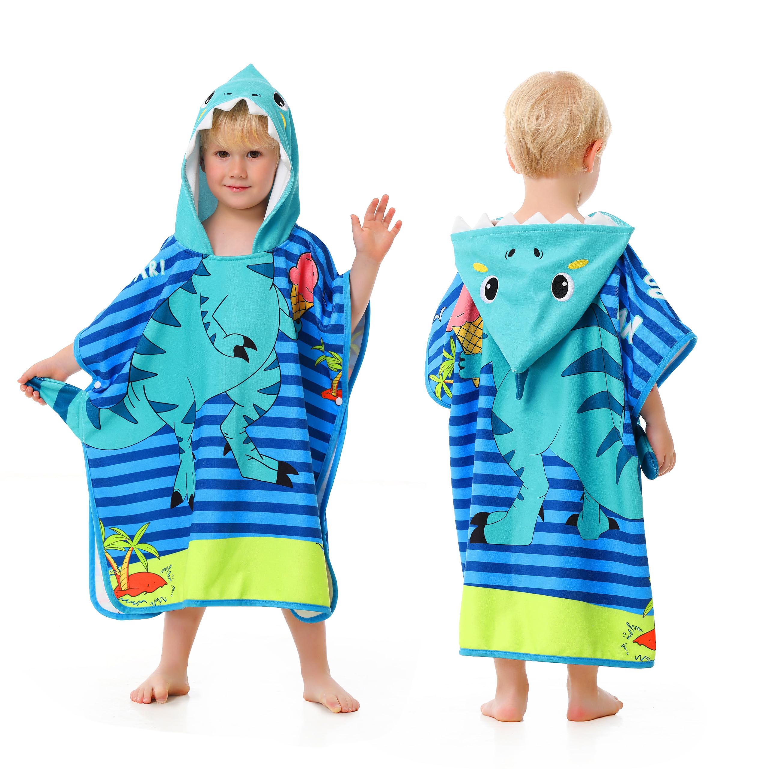 LOLANTA Kids Dinosaur Hooded Towel Poncho, Soft Microfiber Boys Swim Changing Robe, Quick Dry for Beach & Pool(Blue Dinosaur, 2-4 Years,Size S)