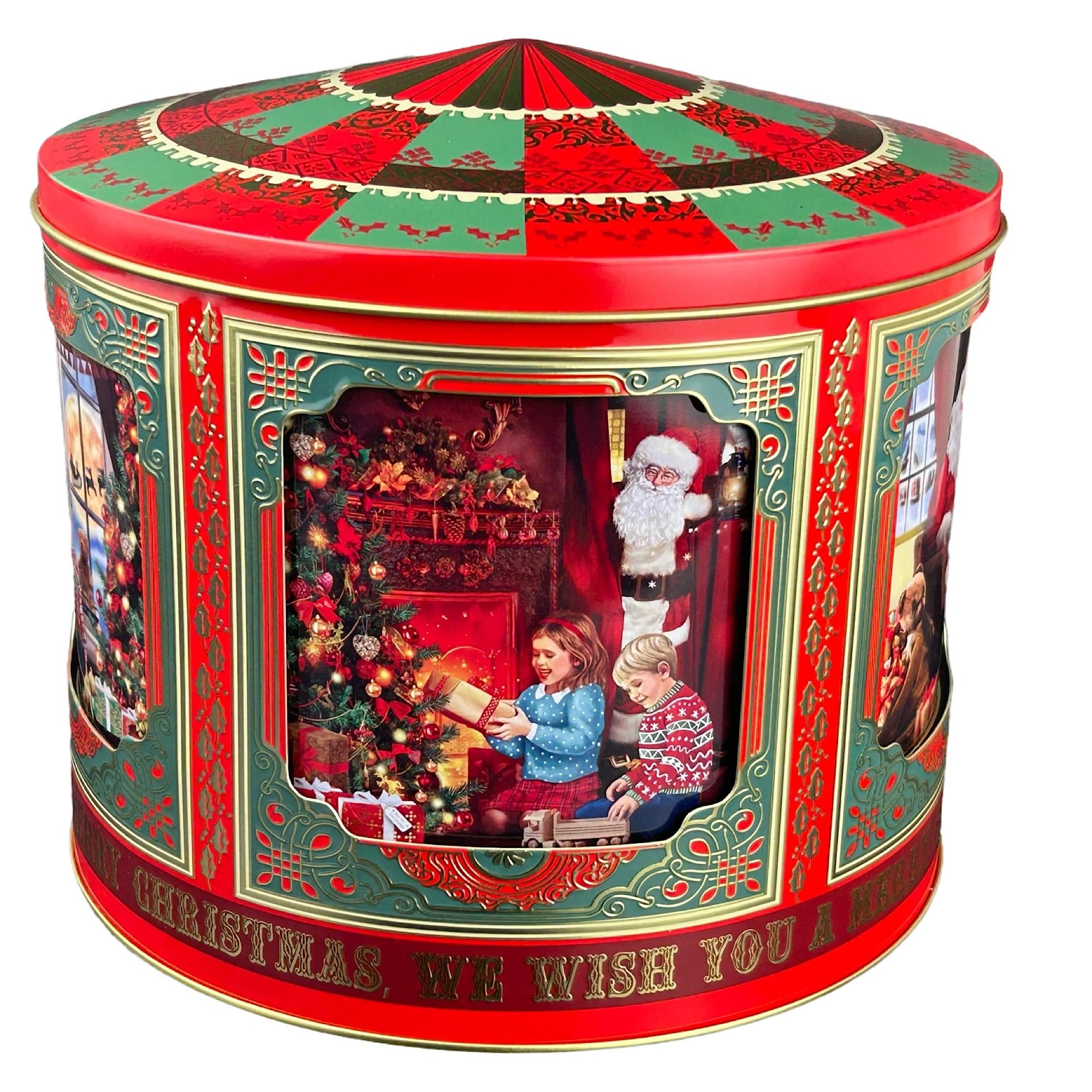 MediMuc Caja de música con diseño de carrusel de Papá Noel, lata de almacenamiento, lata para galletas, apta para alimentos, 4,8 l
