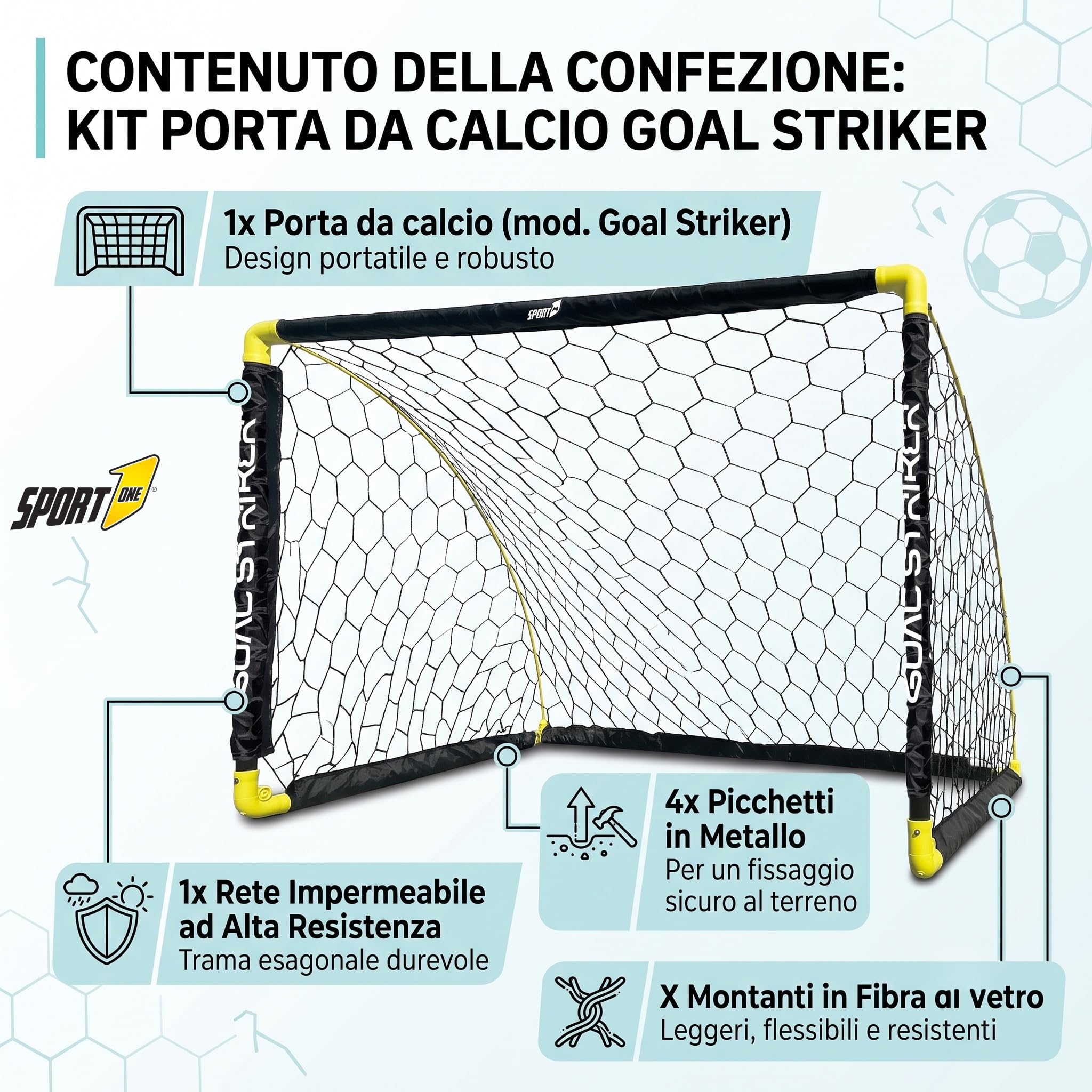 Sport1 porta calcio Goal Striker. Porta calcetto pieghevole in plastica con supporti laterali estraibili salvaspazio. Porta soccer outdoor da 137x91x91cm. Rete impermeabile. Picchetti inclusi. Nera