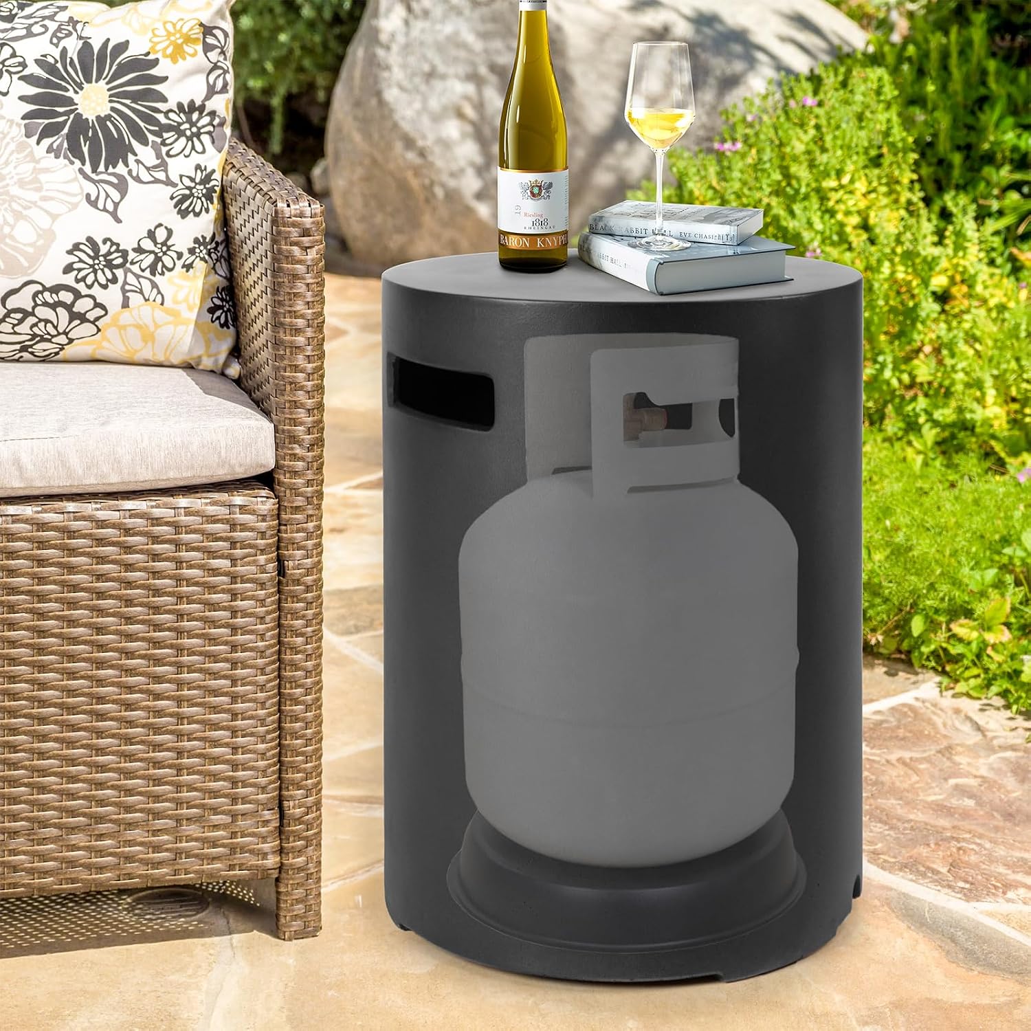 Propane Tank Cover, Propane Tank Storage Hideaway Table for Gas Fire Pits, 16 X 20inch Gas Tank Holder Storage Side Table for 20 Pound Tank Cover, Round Tank Holder- Black