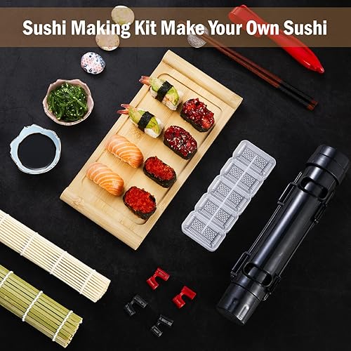 Miniatura 4 de Juego Deluxe de Fabricación de Sushi 25-en-1 con Bazooka, Rodillo, Estera de Bambú, Cuchillo, Bandeja para Salsa, Plato Japonés de Sashimi de Bambú