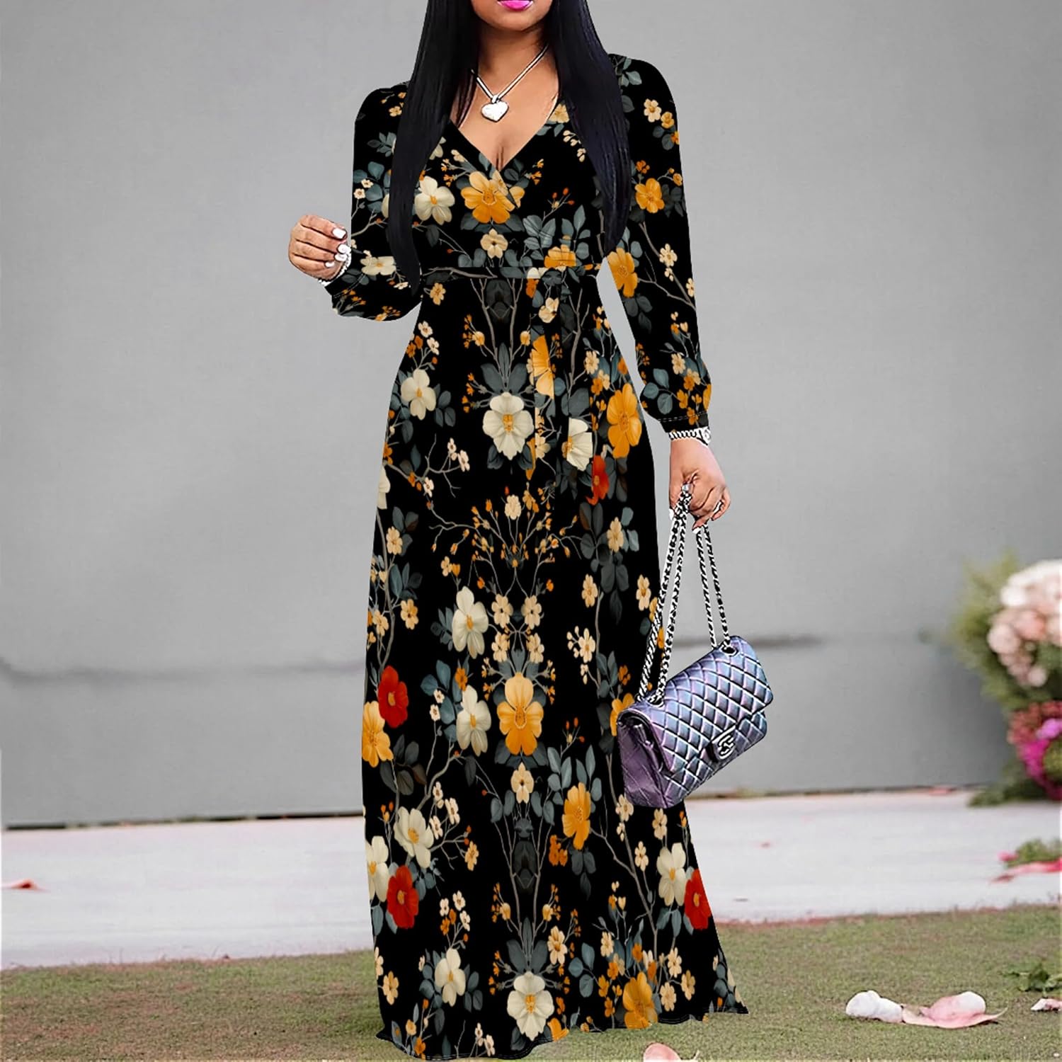 Plus Size Maxi Dresses for Women Floral Print Flowy V Neck Long Puff Sleeve with Belt - Image 3