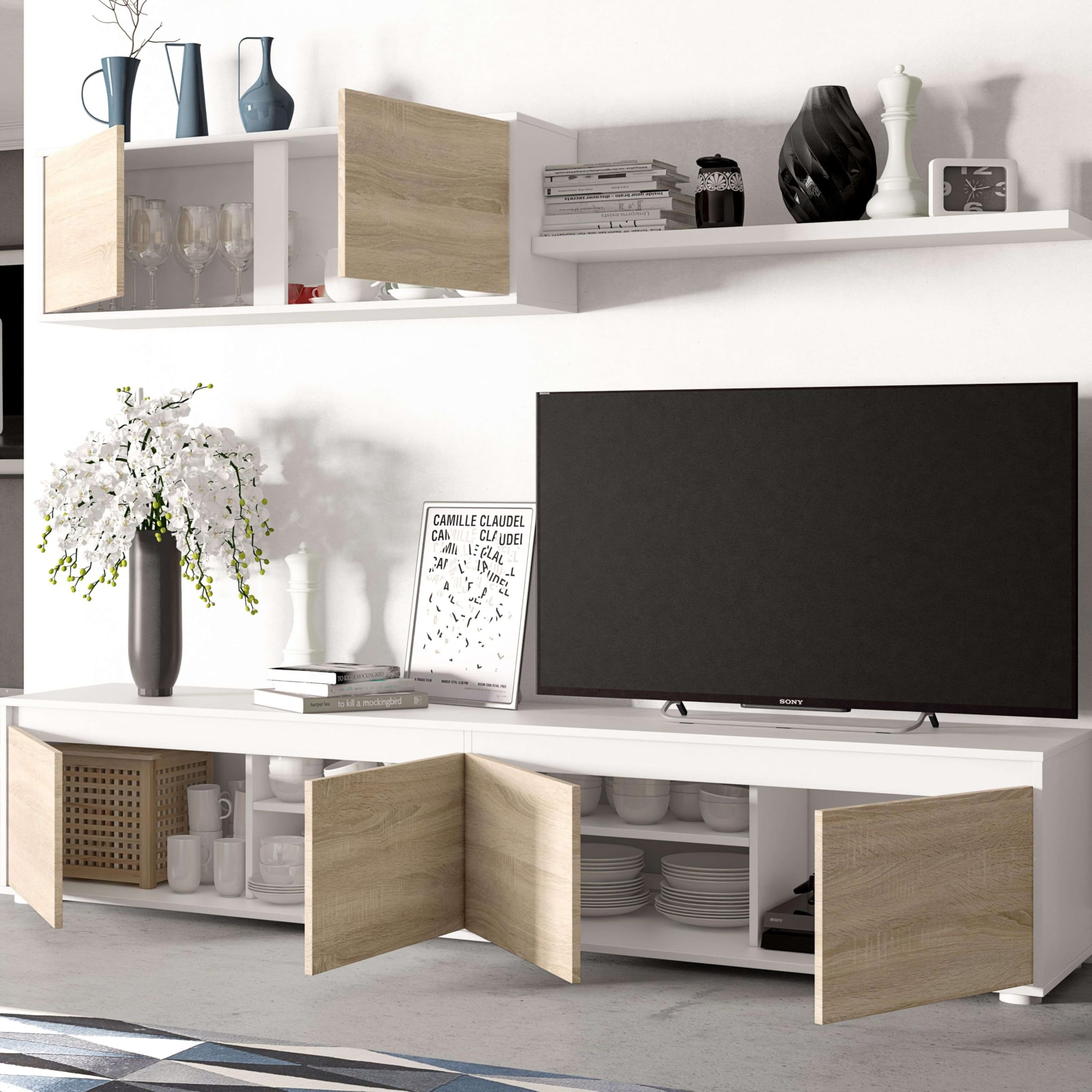Miroytengo Conjunto para Salón con Mueble TV, módulo Superior y Estante en Color Roble Canadian y Blanco Mate 200cm