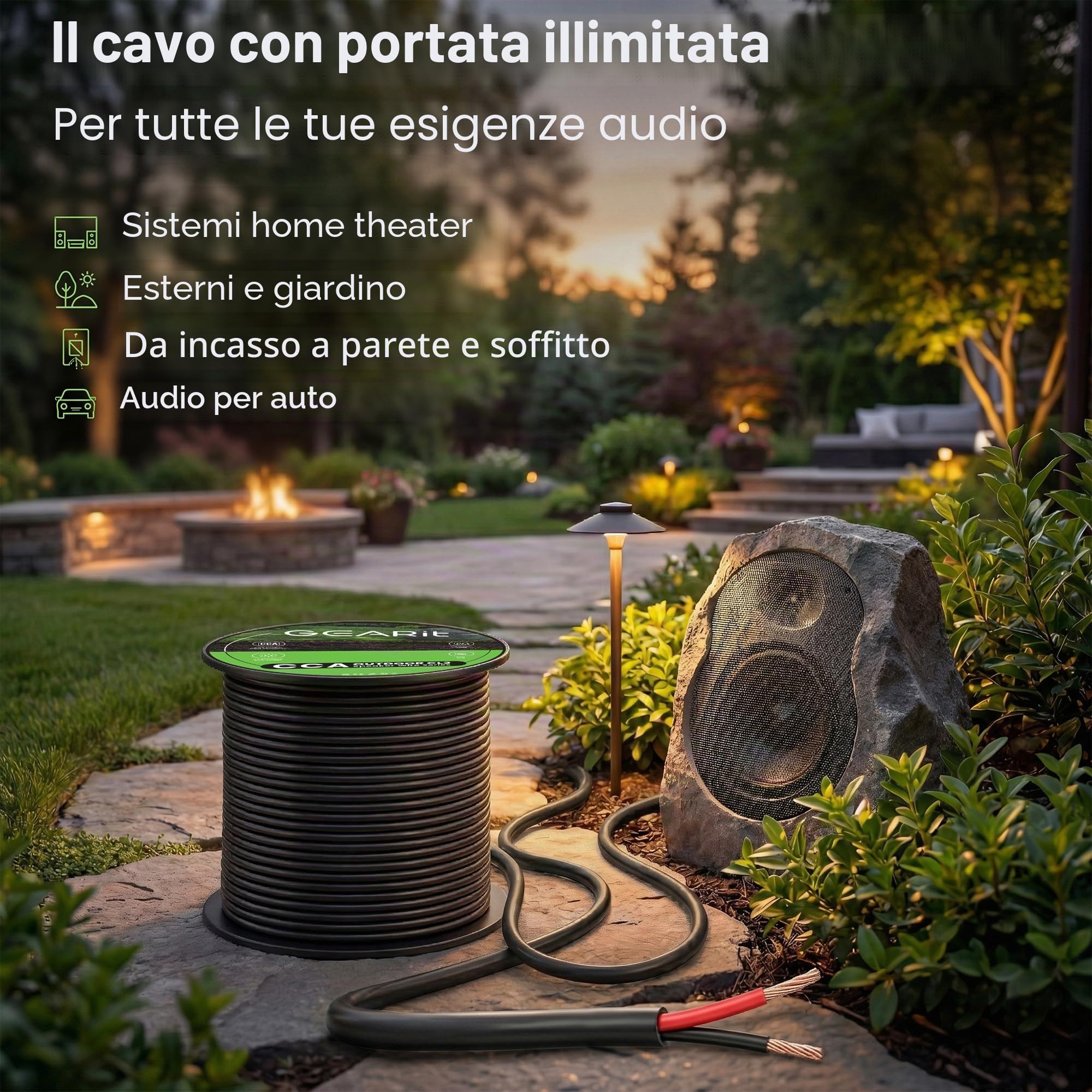 GEARit Cavo per altoparlanti CL3 da 2,5 mm², cavo audio a 2 nuclei da 14 AWG, per home cinema, sepoltura diretta all'aperto, altoparlanti da giardino e autoradio, 60,96 m / 200ft, nero