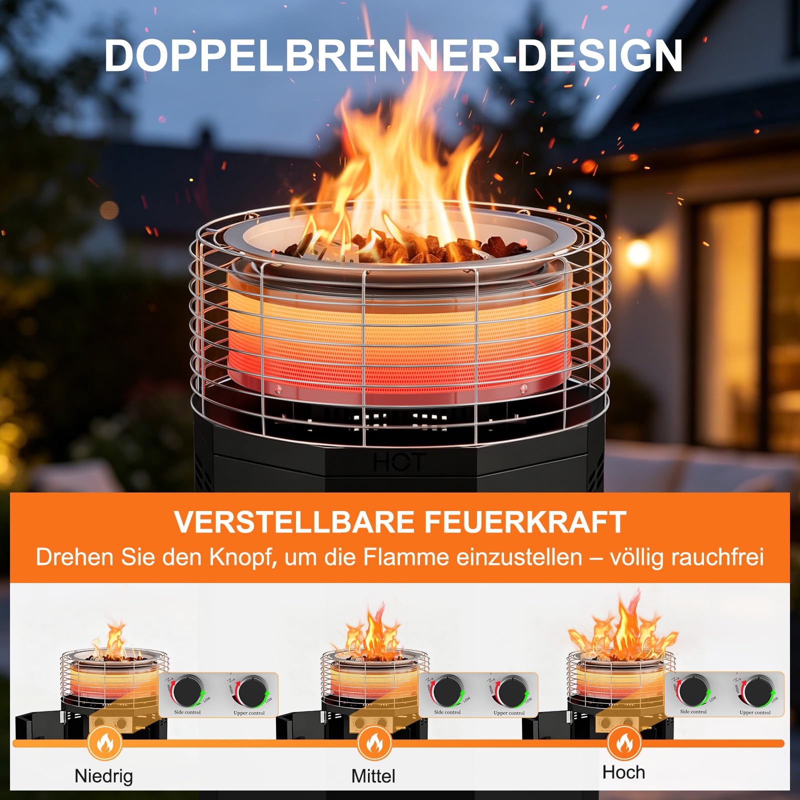 SUNYRISY Rauchfreie Outdoor Heizstrahler Gas Feuerschale Tragbarer Terrassenheizer, 16 kW Dual-Brenner 3-in-1 Außenheizung Propan Feuertonne Feuersstelle für Garten, Camping, Druck-Zündung