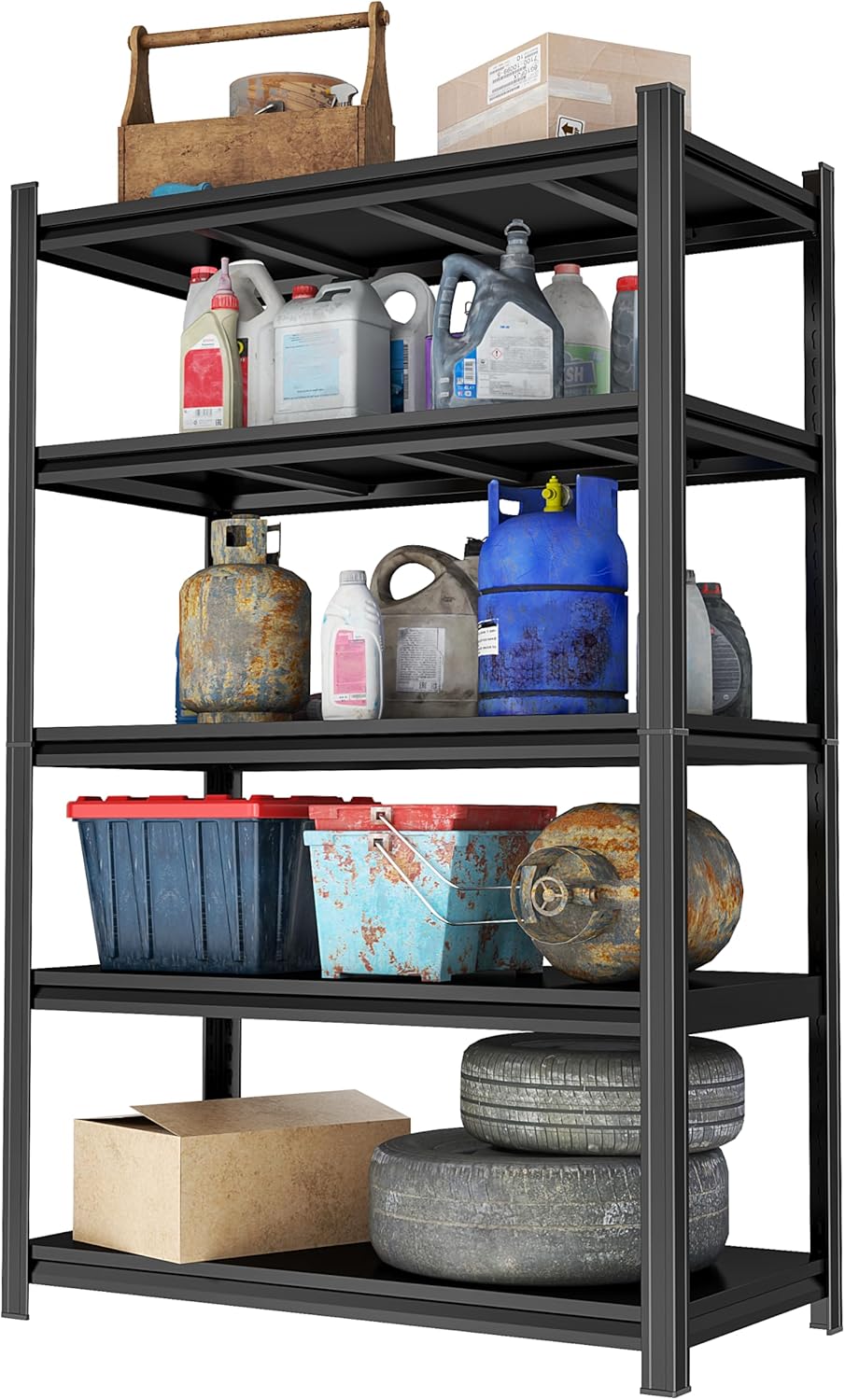 Garage Shelving Unit, Heavy Duty Metal Adjustable Storage, Steel Shelves, Industrial Shelves for Heavy Tools and Equipment, Ideal for Garage, Basement, Black (5-Tier, 71.2" H x 45.3" W x 19.7" D)