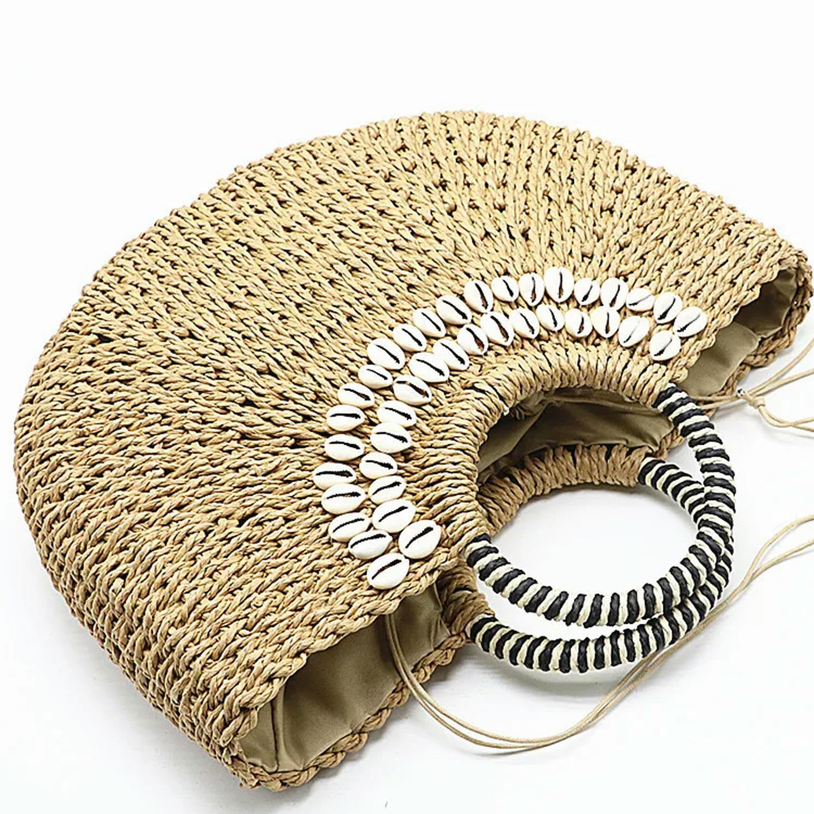 Borsa Paglia Moda Fashion Creative Shell Moon Bag Straw Bag Straw Bols-Beige Grande