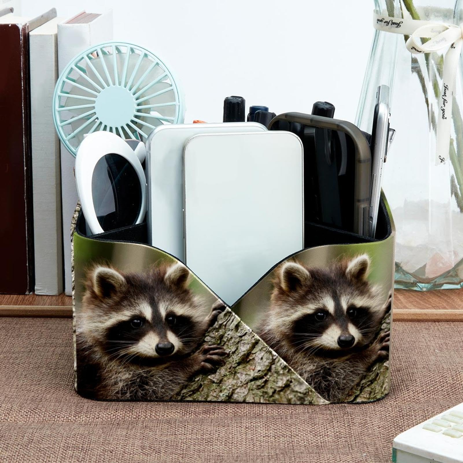 VAPOKF Waschbär Klettern auf Baum Schreibtisch-Organizer mit 4 Fächern, Stiftehalter, Stifteköcher, Aufbewahrungsbehälter für Schreibtisch, Schreibtisch-Aufbewahrung, Schreibwaren für Home Office Bürobedarf & Schreibwaren