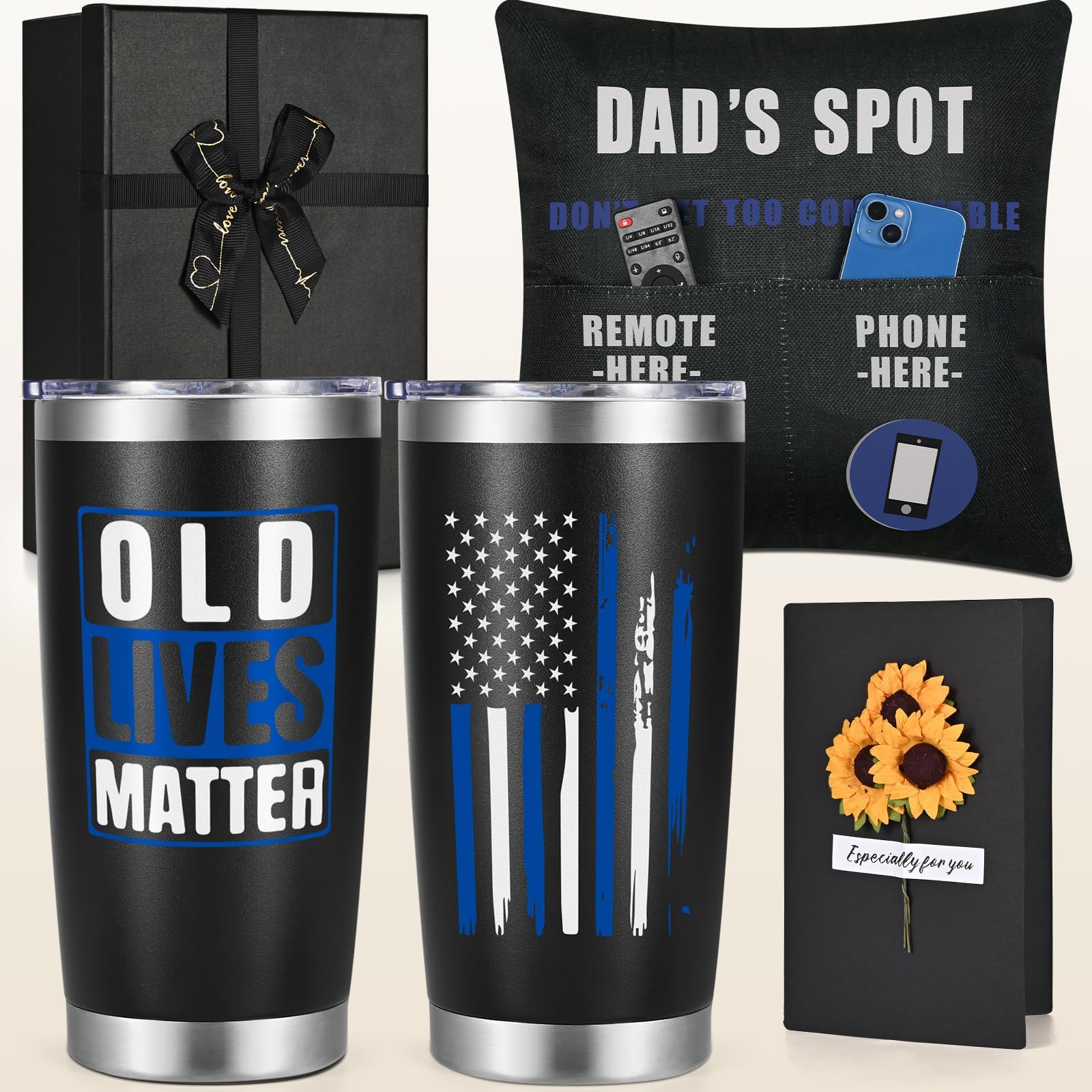 LiqCoolGifts for Men, Old Lives Matter Tumbler with Card & Pillow Cover Gift Set, Unique Cool Gifts for Dad Husband, Funny Father's Day Birthday Gifts from Daughter Wife Son(20Oz, Black)