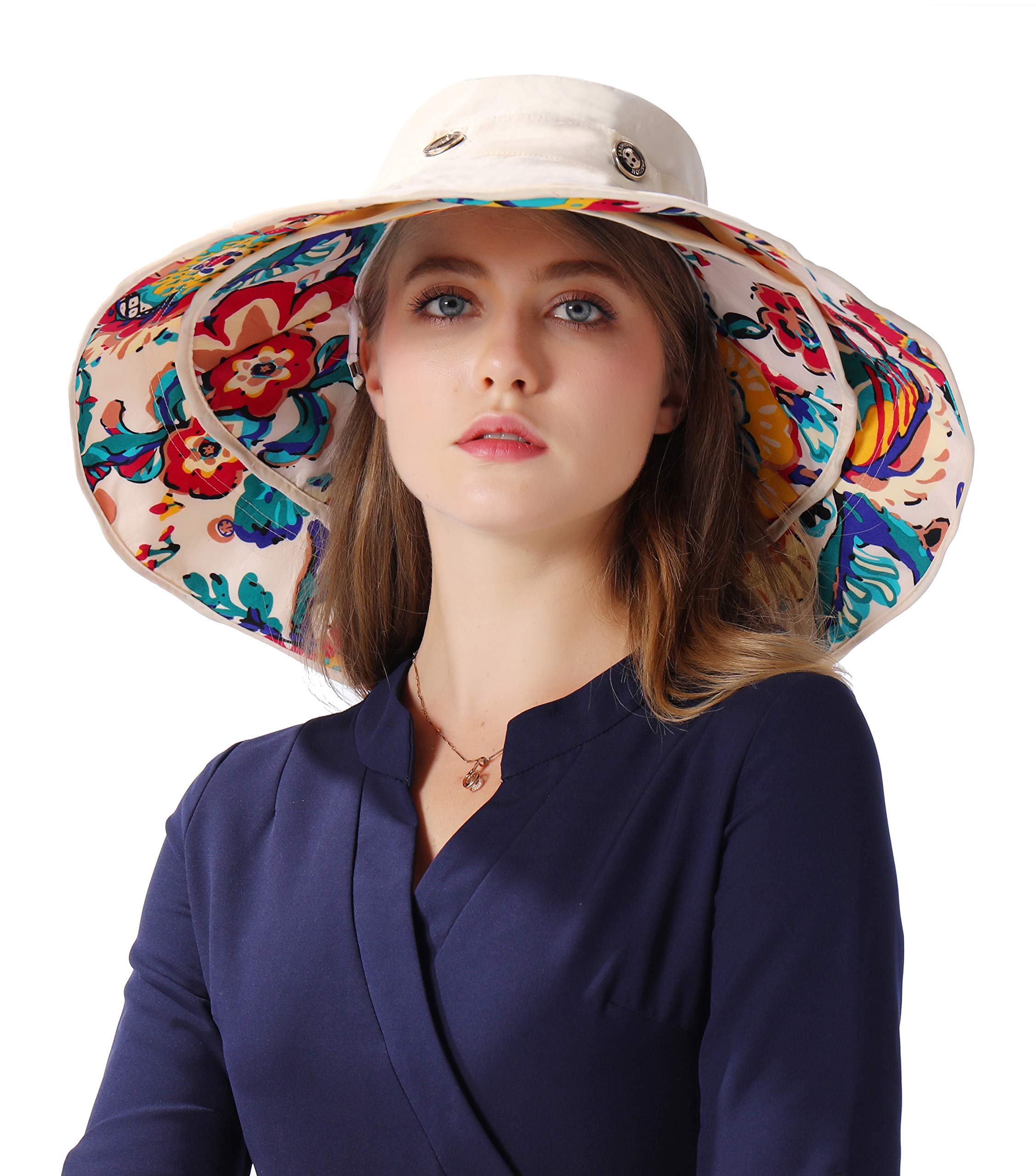 Ihomey Women's Beige Packable Shapeable Extra Large Brim Floppy Sun Hat Reversible Upf 50+ Beach Sun Bucket Hat (Beige)