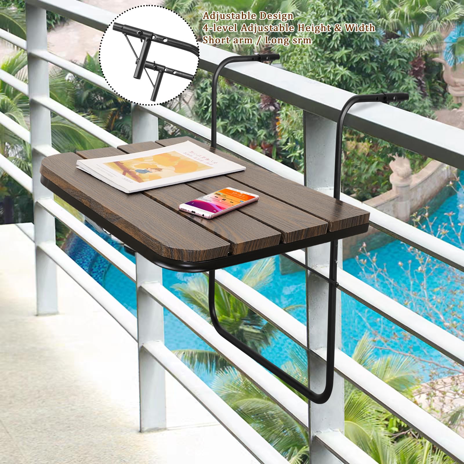 Table de bar pliante pour balustrade de balcon, table de bar réglable à suspendre, table de bar pour extérieur, intérieur, patio, balustre, table de jardin sur balustrade, marron rustique