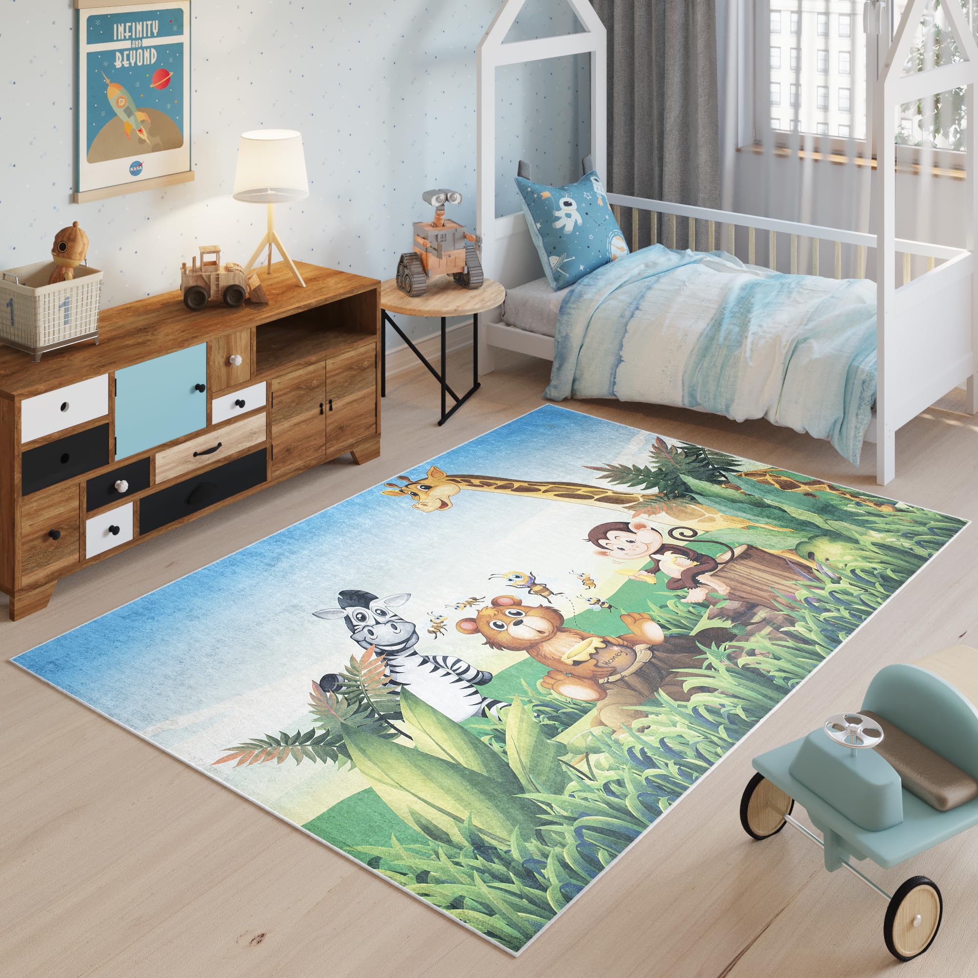 TAPISO Dywan Emma nadaje się do prania w temperaturze 30 stopni, kolorowy, zwierzęta, zoo, safari, z nadrukiem, antypoślizgowy, do pokoju dziecięcego, pokoju młodzieżowego, nowoczesny, Öko-Tex, 140 x