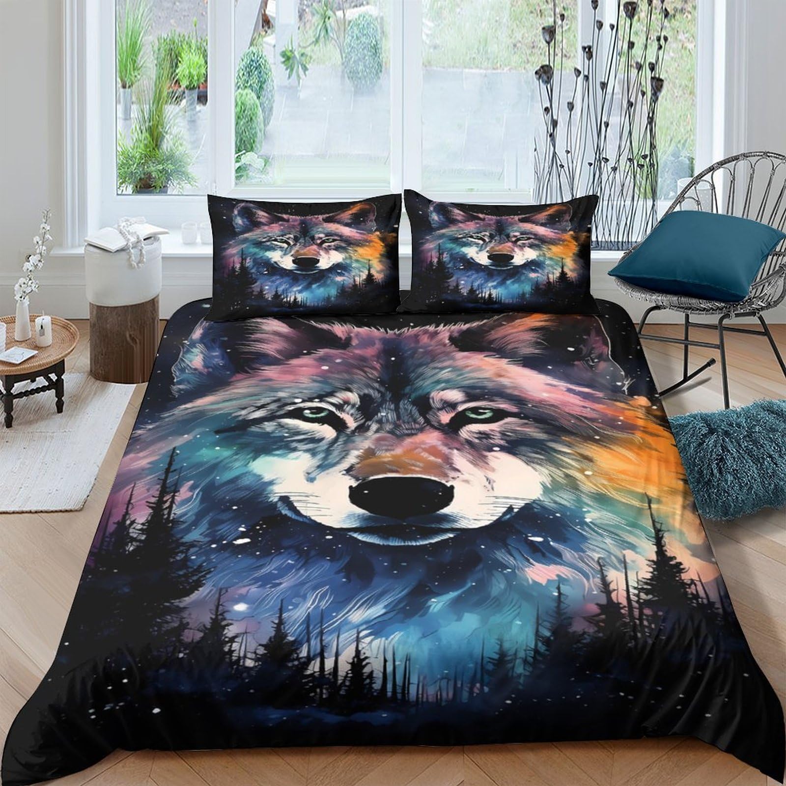 Ctjqhvkz Style-1 3D Printed Wolf Forest Fitted Sheet Microfiber Soft Breathable Night Sky Mattress Cover For Bedroom Decor Single（135X200cm）