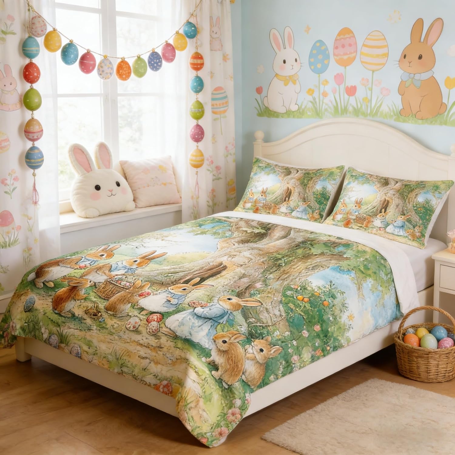 Manfei Happy Easter Kids Duvet Cover Set Queen Size,Cartoon Rabbit Easter Egg Western Bedding Set,Floral Leaf Botanical Natural Room Decor,Blue Green Quilt Cover,2 Pillowcases(No Comforter)
