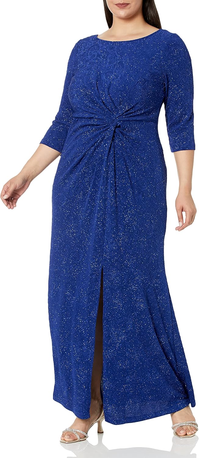 Alex Evenings - Brandclub - Alex Evenings womens Plus Size Long With Knot  Front Detail Special Occasion Dress, Electric Blue Glitter, 14 Plus