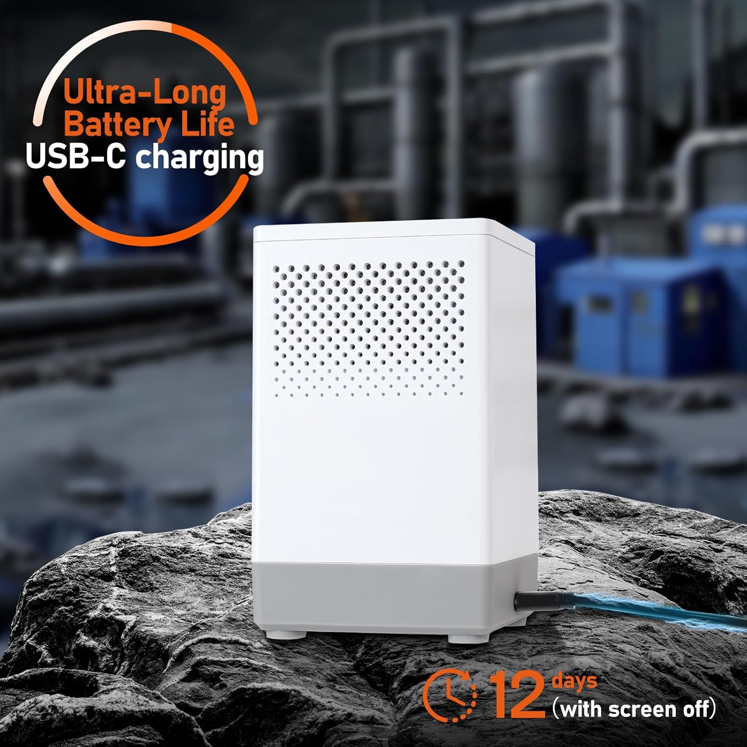 CHNADKS RM-73 Radon Detector showing USB-C charging port and 12-day battery life.