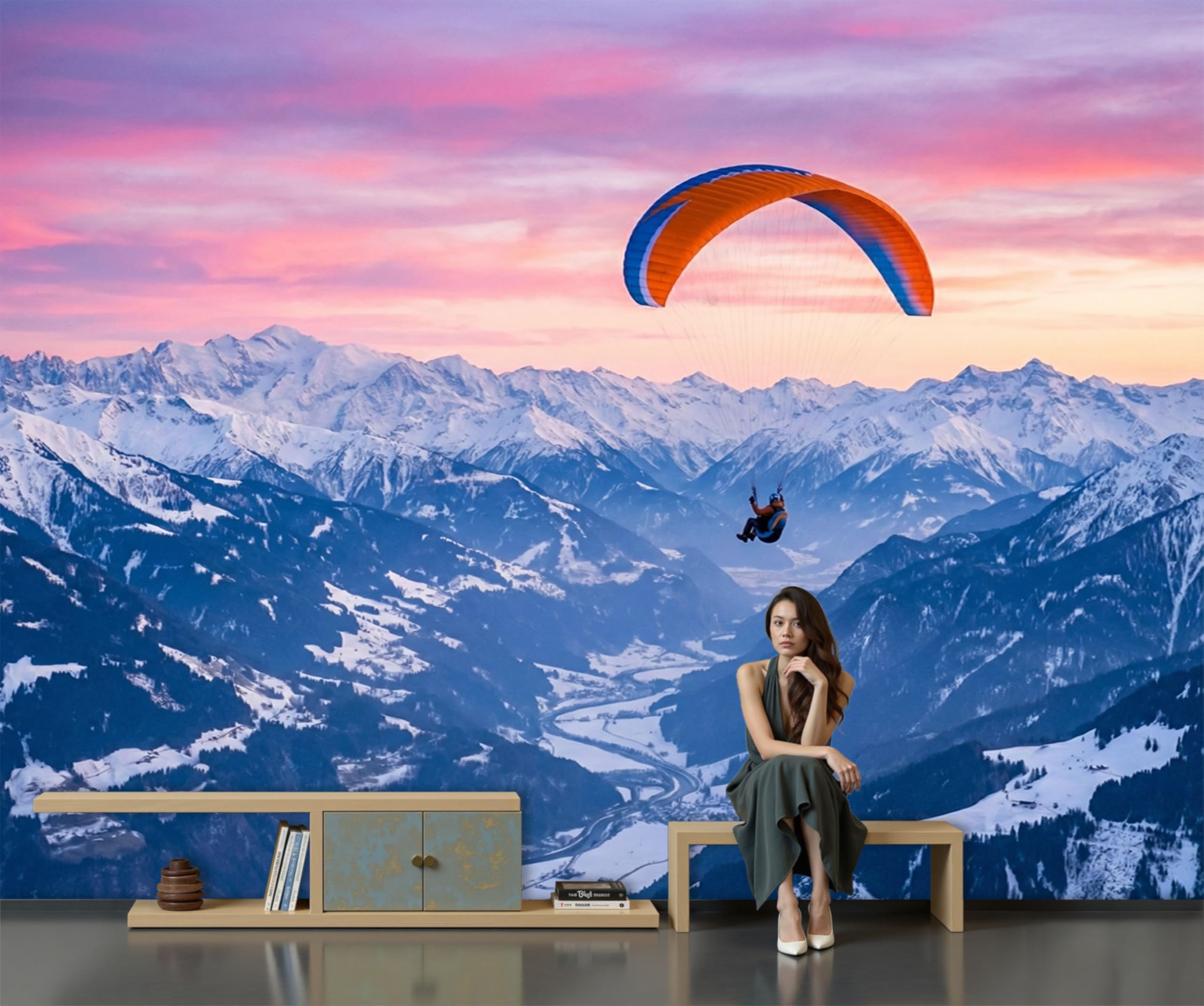 Papier peint panoramique 3D pour masquer un mur vide avec décor alpin