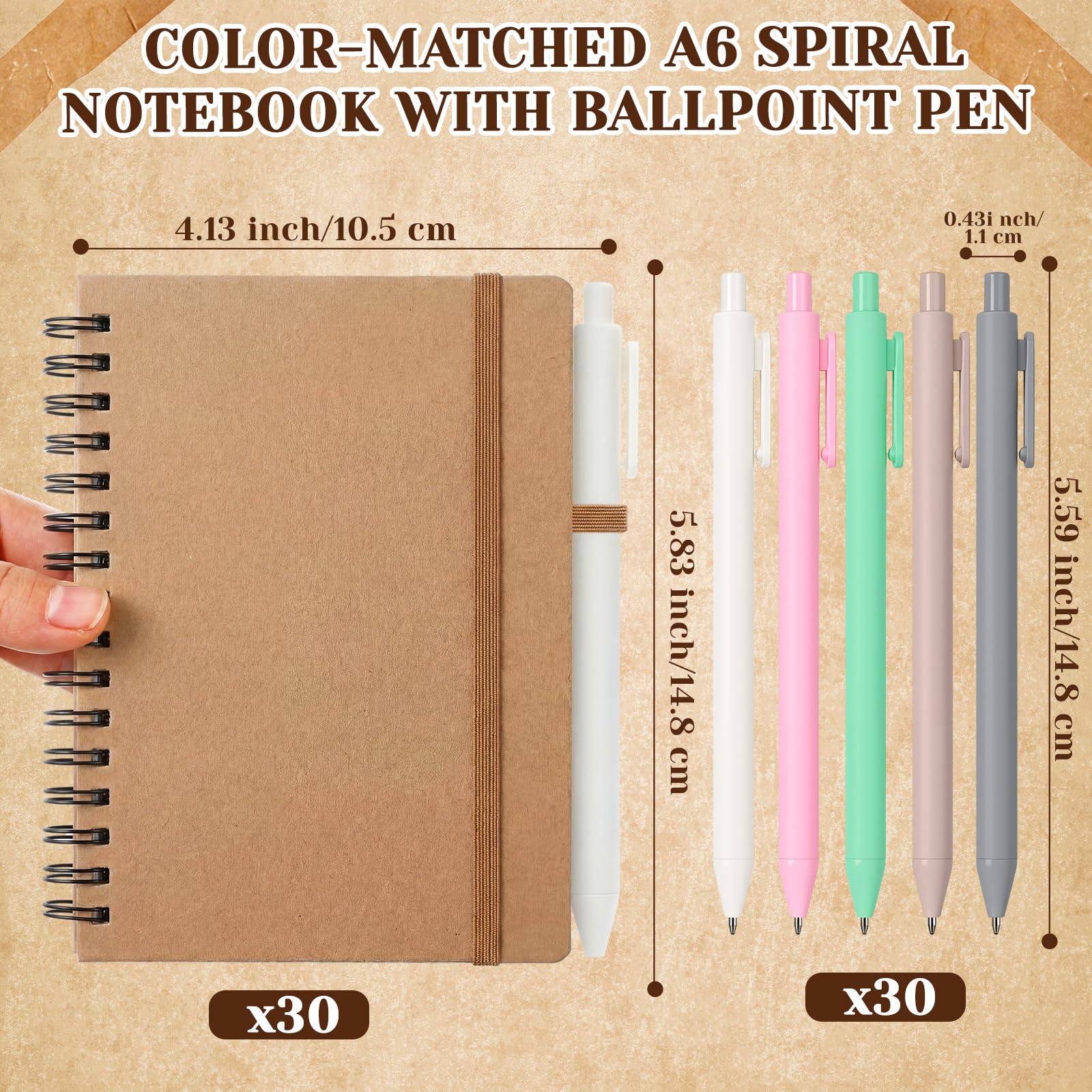 Fulmoon Kleine Spiralnotizbücher, A6, mit Stiften, Großpackung, 10,2 x 15,2 cm, Kraftpapier, liniert, 50 Blatt für Schulbedarf, Studenten, Belohnungen, Bürogeschenke (Kraftpastell), 30 Stück