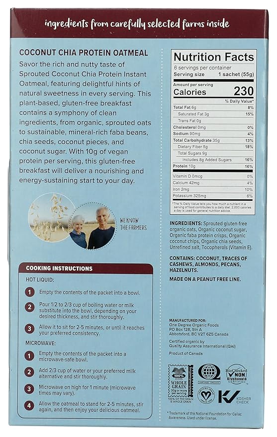 One Degree Organic Foods Avena Proteína Germinada Coco Chía Sin Gluten Orgánica 11.6 Oz miniatura 2