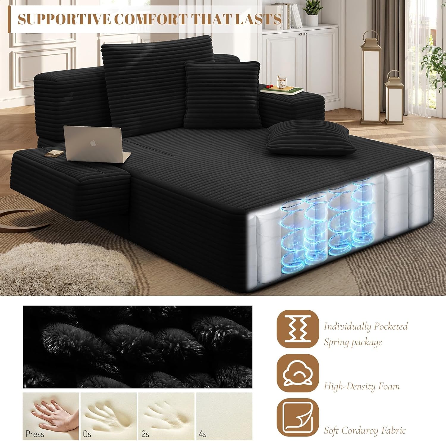 Boneless Chaise Lounge Chair Indoor, 60" Oversized Sleeper Couches W/Foldable Armrest Cloud Corduroy Upholstered Reading Chairs Floor Sofa Bed for Living Room No Assembly, Black