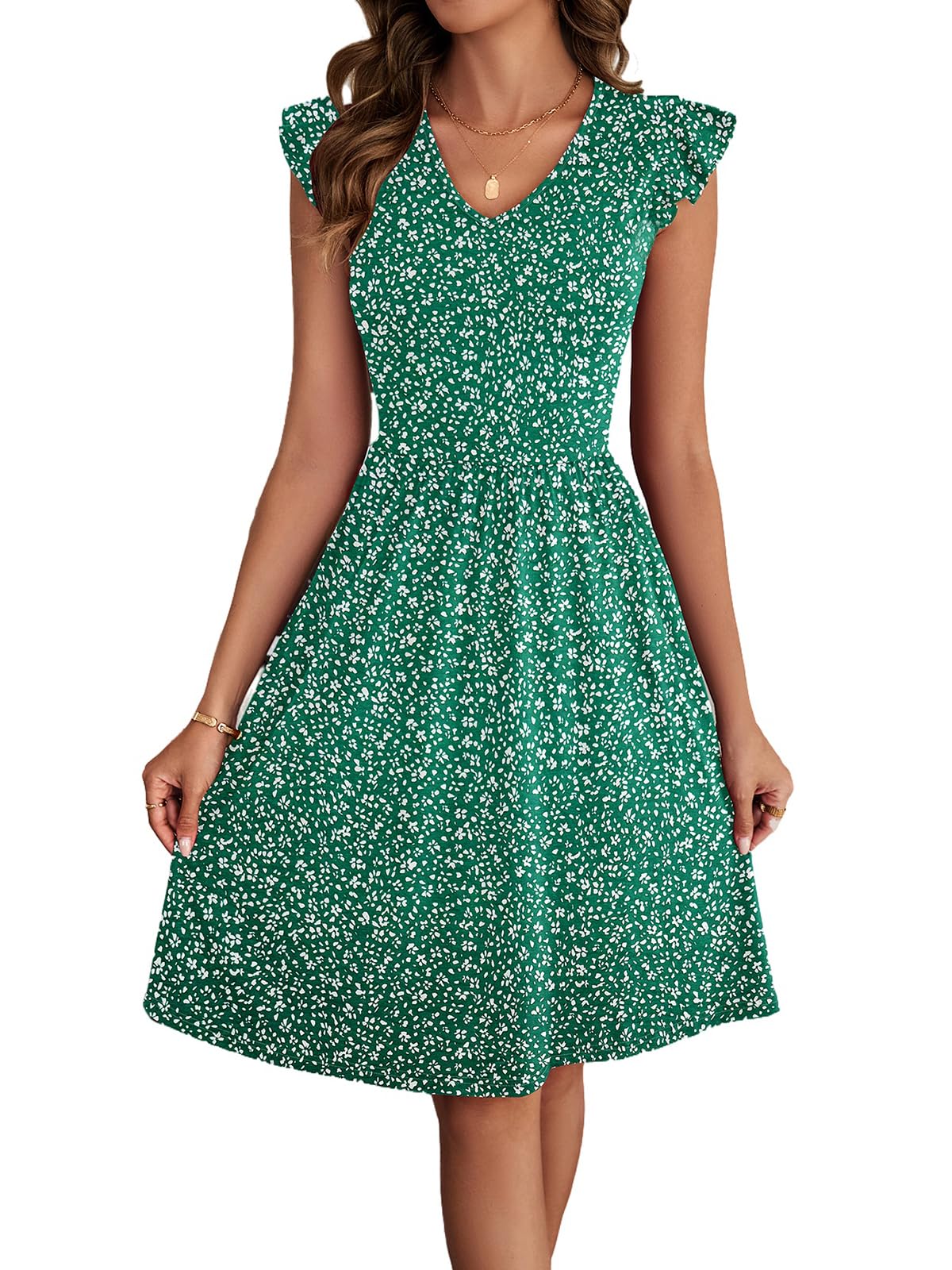 HELYO Women's Summer Dresses Cute V Neck Ruffle Sleeve Cocktail Short Work Casual Dress with Pockets 648