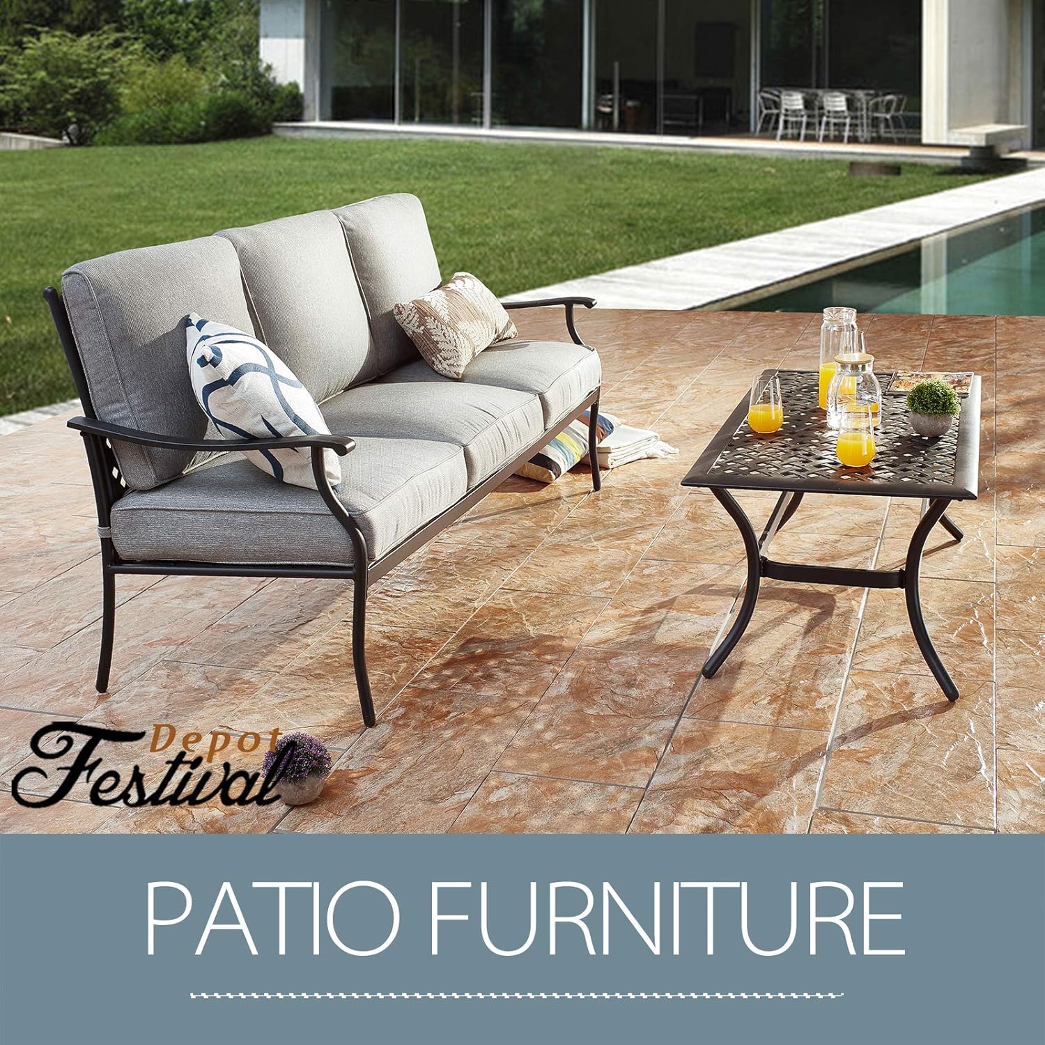 Festival Depot 2Pcs Conversation Set Metal Patio Sofa with Thick Cushions and Coffee Table Outdoor Furniture for Deck Garden (Grey)