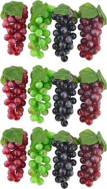 JEDFORE 6.3 Inches Artificial Grapes Cluster Rubber Frosted Grape Bundles Decorative Grapes Bunches for Vintage Wedding Favor Fruit Wine Decor Faux Fruit Props (Black, Red, Green, Purple - 12 Pack)