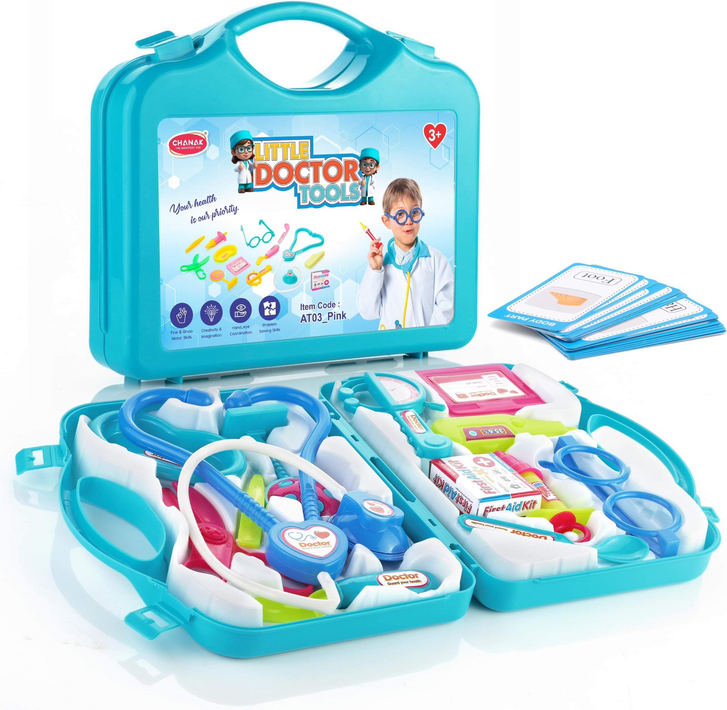 Aditi Toys Playset for Kids, Pretend Play Doctor Set with Foldable Suitcase and 17 Flashcards for Kid, Doctor Kit Toyset for Kids Above 3 Years, BIS Approved.