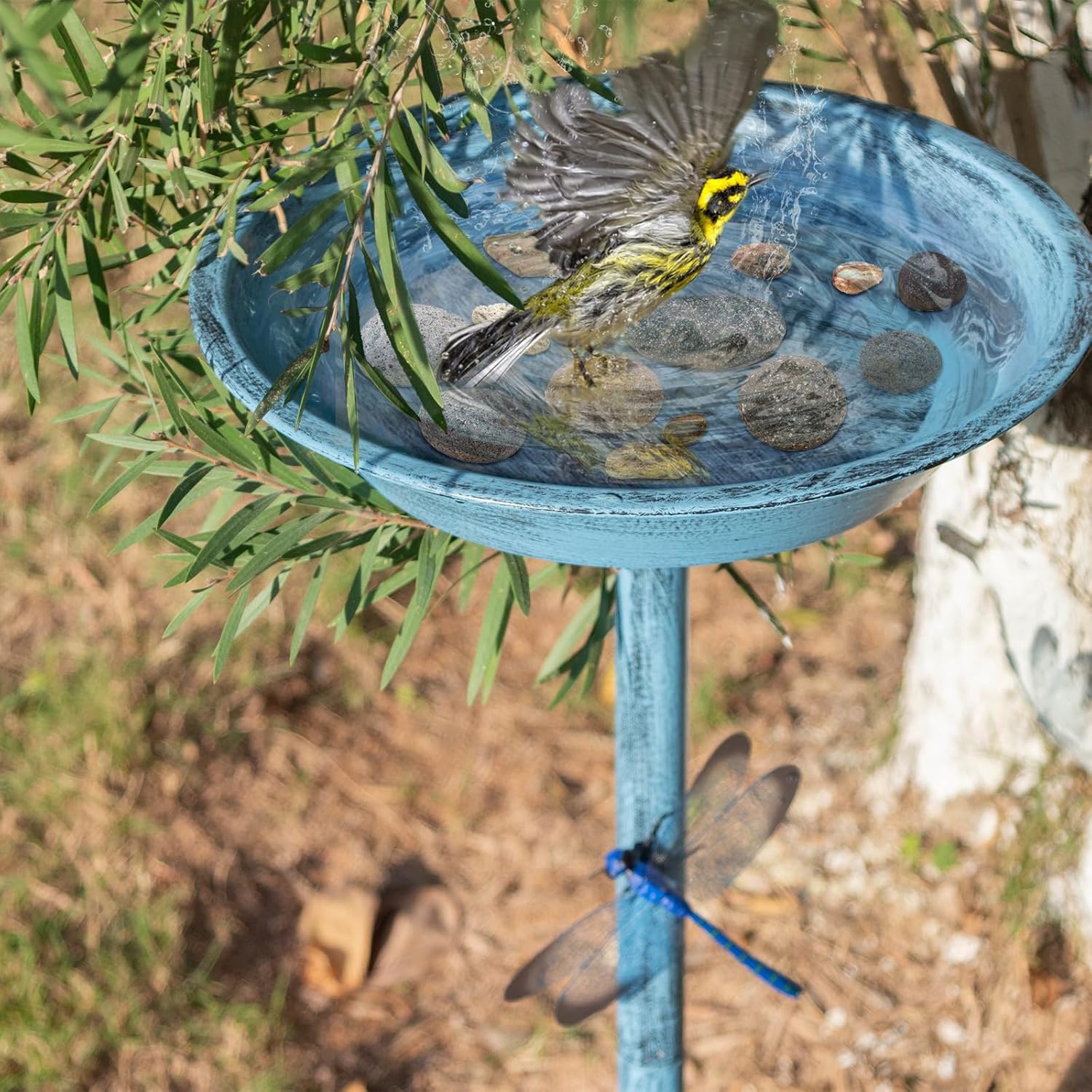 WANGIRO Stand Bird Baths for Outdoors 12 Inch Outdoor Garden Bird Feeder Metal Birdbath with Magnetic Dragonfly for Backyard Birding Freestanding for Garden Yard and Lawn Decoration-Blue
