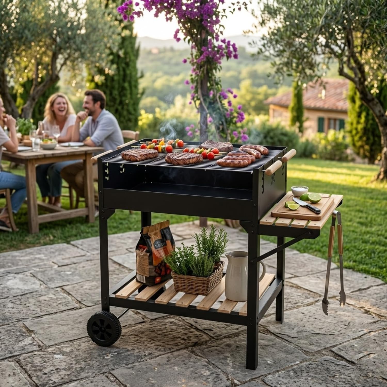 Barbecue A Carbone Con Ripiano Laterale Porta Utensili E Mensola Inferiore Struttura In Acciaio Con Ruote Per Giardino Patio Picnic E Outdoor Cooking 122 x 53 x 100 Cm Nero