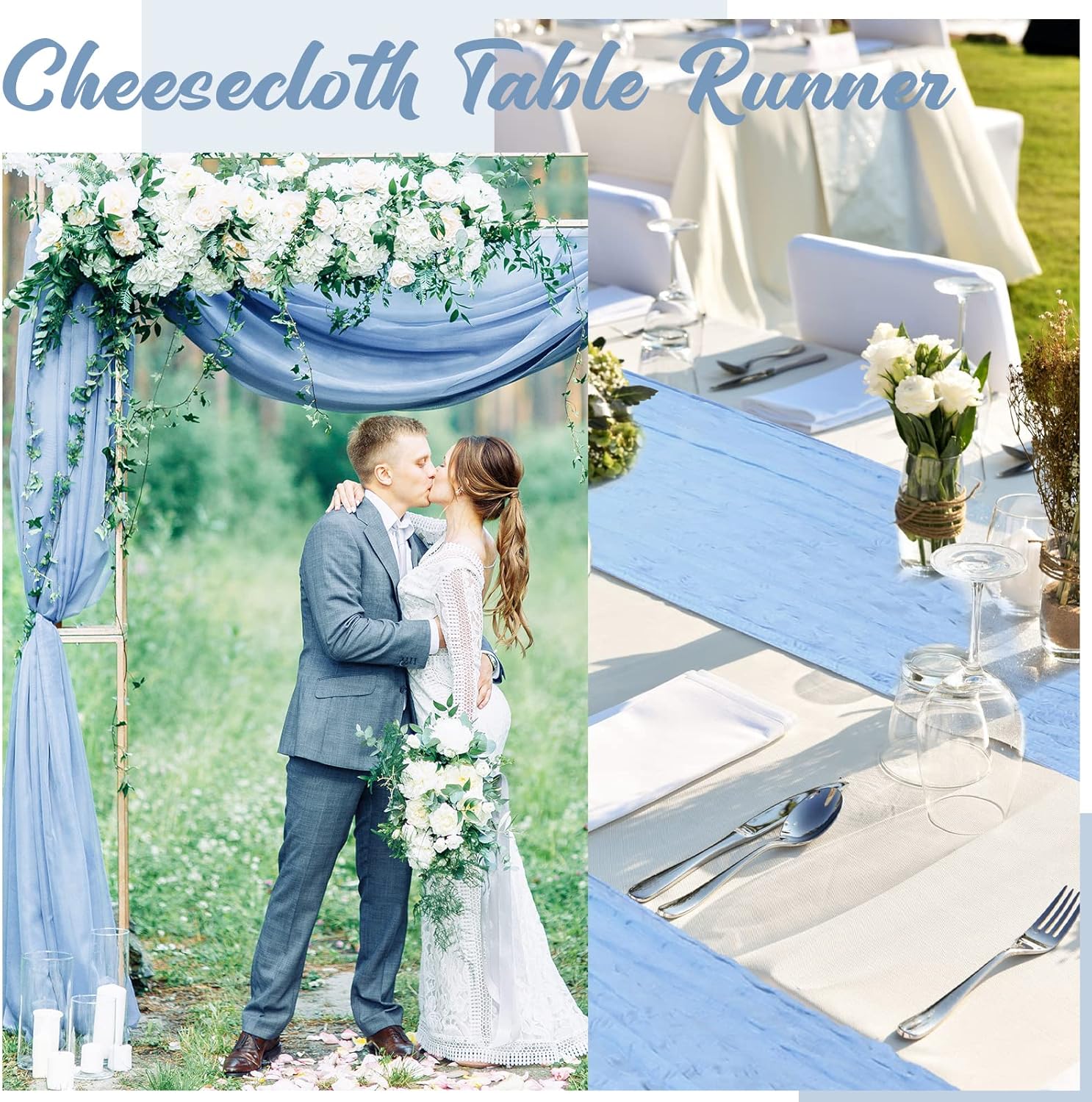 Tranqun 12 Pack 10ft Cheesecloth Table Runner 29 x 120 Inch Boho Gauze Cheese Cloth Table Runner Rustic Sheer Decor for Wedding Bridal Shower Birthday Party(Light Blue)