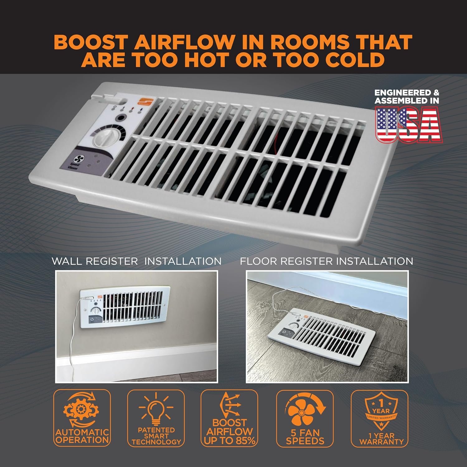 Examples of the Suncourt HC500 Flush Fit Register Booster Fan installed in both a wall register and a floor register, showing its seamless integration.