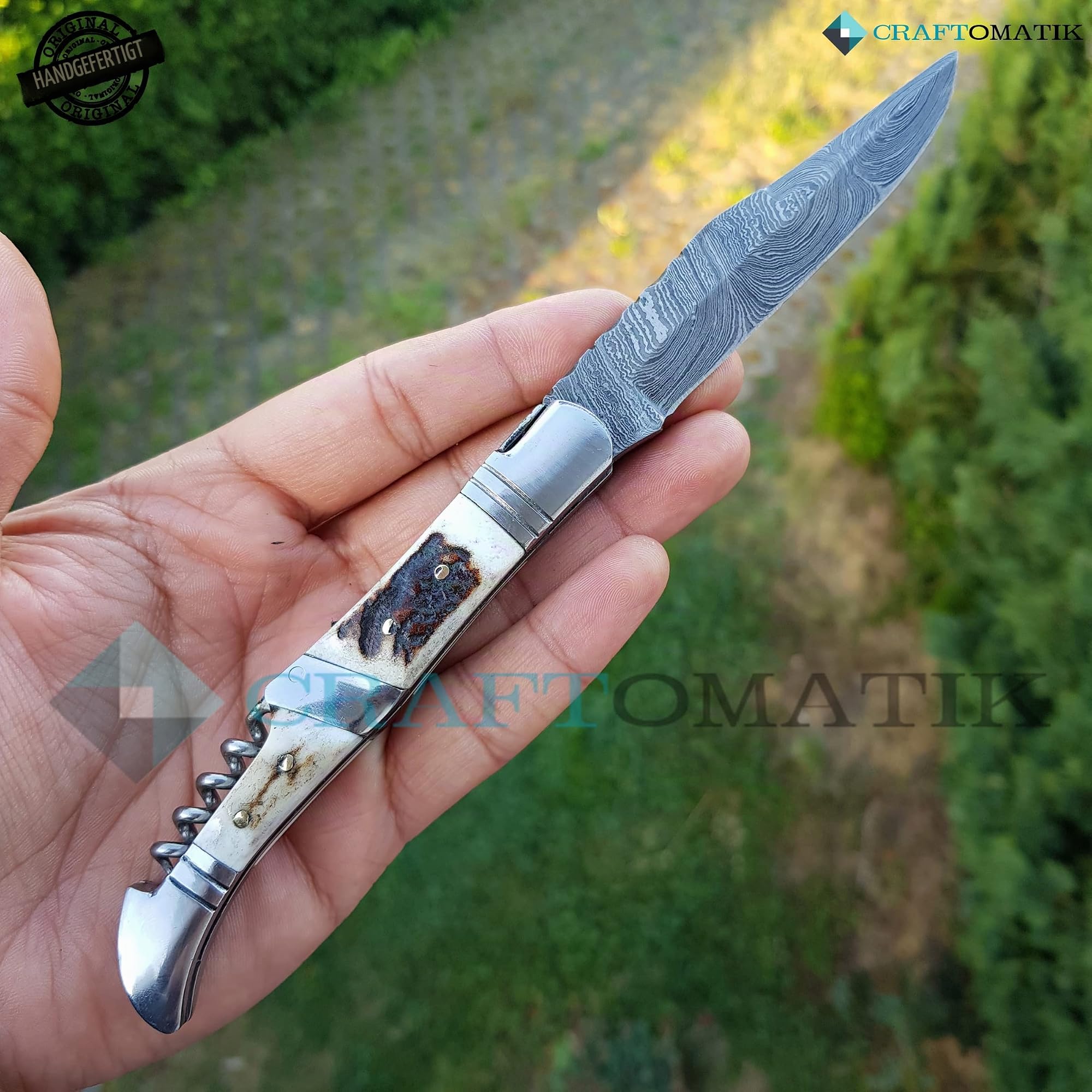 Damast Stahl Taschenmesser | Klappmesser Laguiole | Hirschhorn, Edelstahl Griff mit Korkenzieher | Handgefertigt Outdoor Damastmesser Camping Messer | FK22