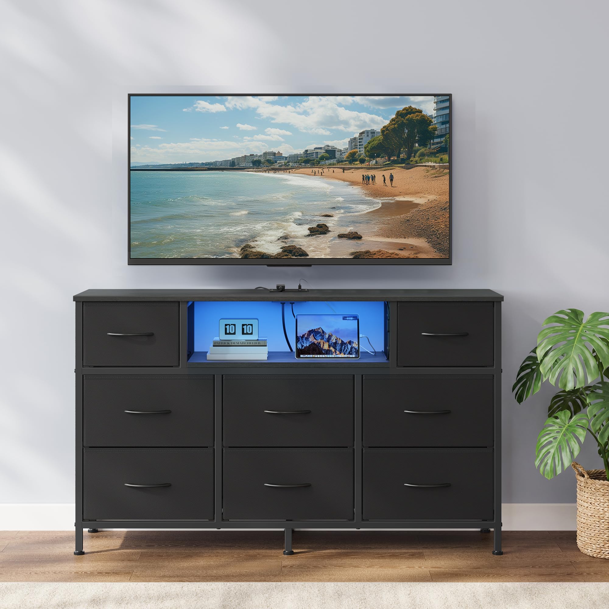 SONGMICS Chest of Drawers, Fabric Storage Cabinet with 8 Drawers, LED Lights and Charging Station, 113.8 x 30 x 68.1 cm, Black, for Bedroom and Living Room, Bellah Collection LGS433BH03