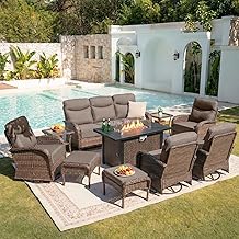 Belord Upgraded 6&ldquo; Cushion Luxury 10 Piece Patio Furniture Set with Fire Pit Table - Outdoor Couch &amp; High Back Swivel Rocker Patio Chairs Set, Wicker Outdoor Furniture for Deck Porch Yard - Brown/Grey