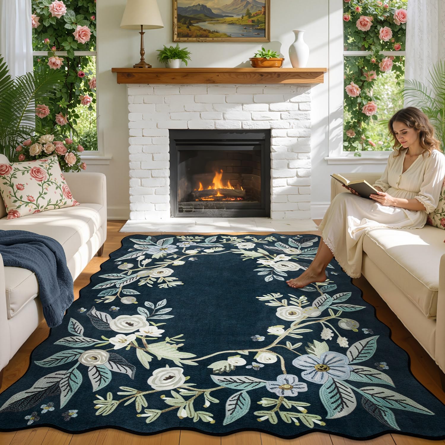 BSICPRO Floral Area Rugs, 5x7 Washable Vintage Living Room Rug with Rubber Backing Non Slip Low Pile Farmhouse Large Area Rugs for Bedroom Dining Room Playroom (Navy Blue)