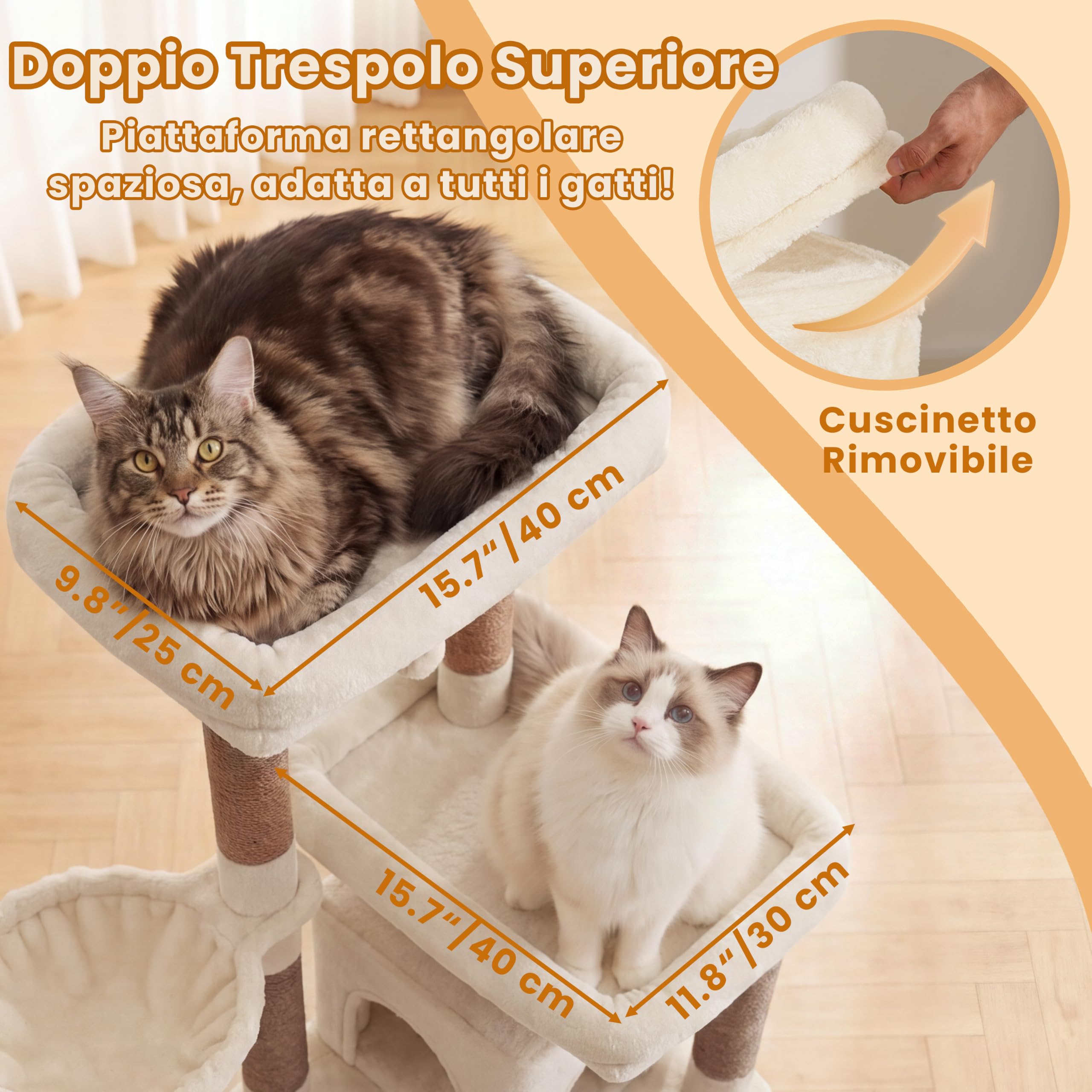 Heybly Albero Tiragraffi 142 cm Gatti Grandi, Torre Scalata Facile HCT028MJ | Amaca XL In Peluche, Cuccia Privata, Cesta Orientabile, Sisal Naturale, Base Stabile, Riposo E Gioco In Casa, Beige