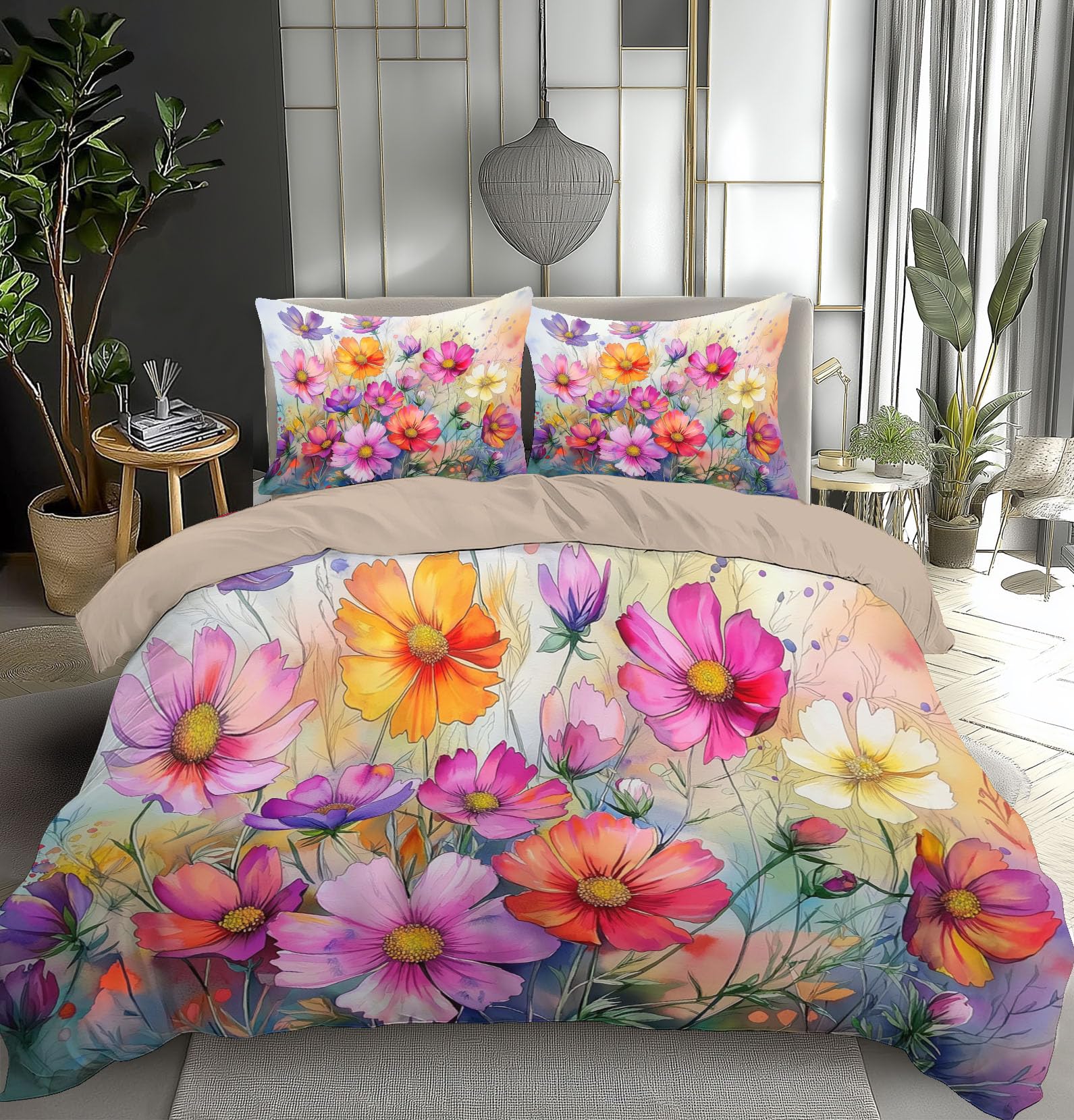Housse de couette 220x240 fleurs rose violet parure de lit microfibre avec 2 taies 65x65